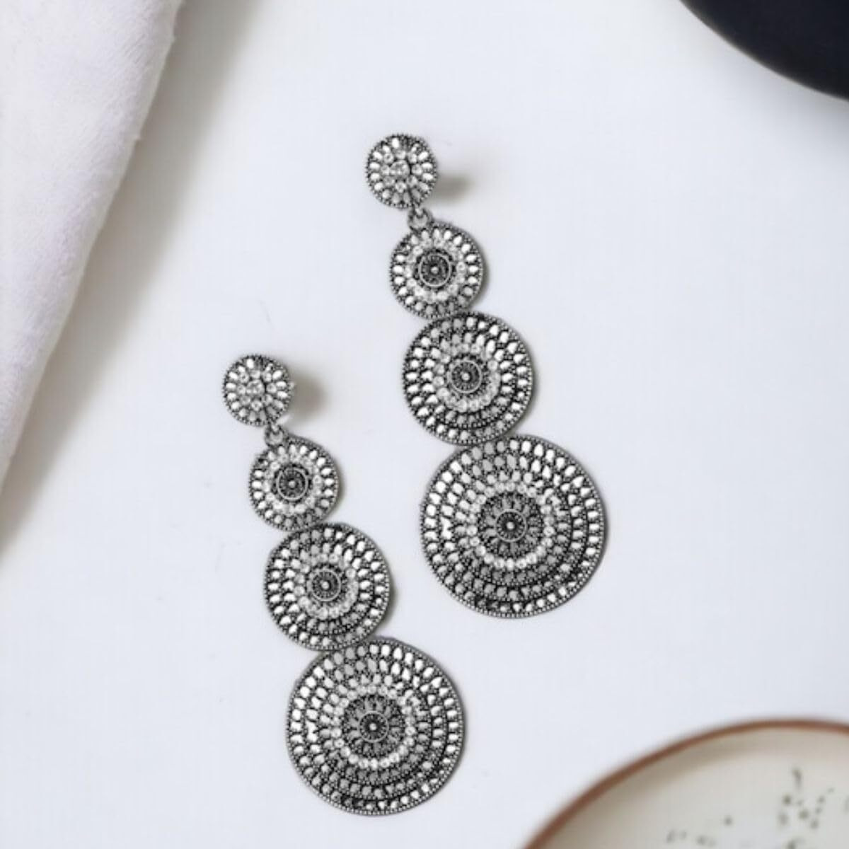 Accessher Indo Western Style Inspired Gold Plated Rhinestones Embellished Circular Shaped Dangle Earrings with Push Back Closure for Women and Girls