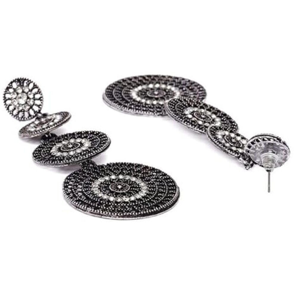 Accessher Indo Western Style Inspired Gold Plated Rhinestones Embellished Circular Shaped Dangle Earrings with Push Back Closure for Women and Girls