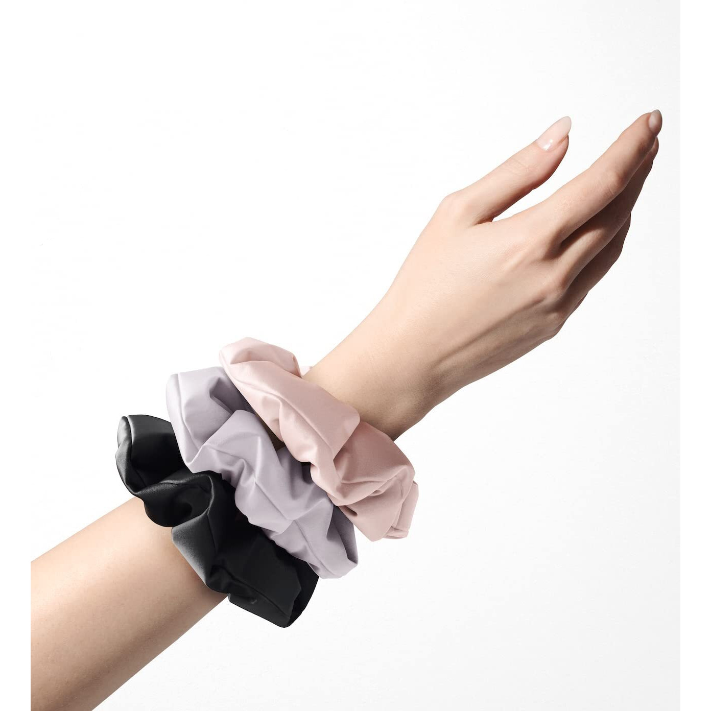 Mueras Silk Satin Hair Scrunchies Ties Pack for Women and Girls Multicolour (RoseGold, French Lavender and Black)