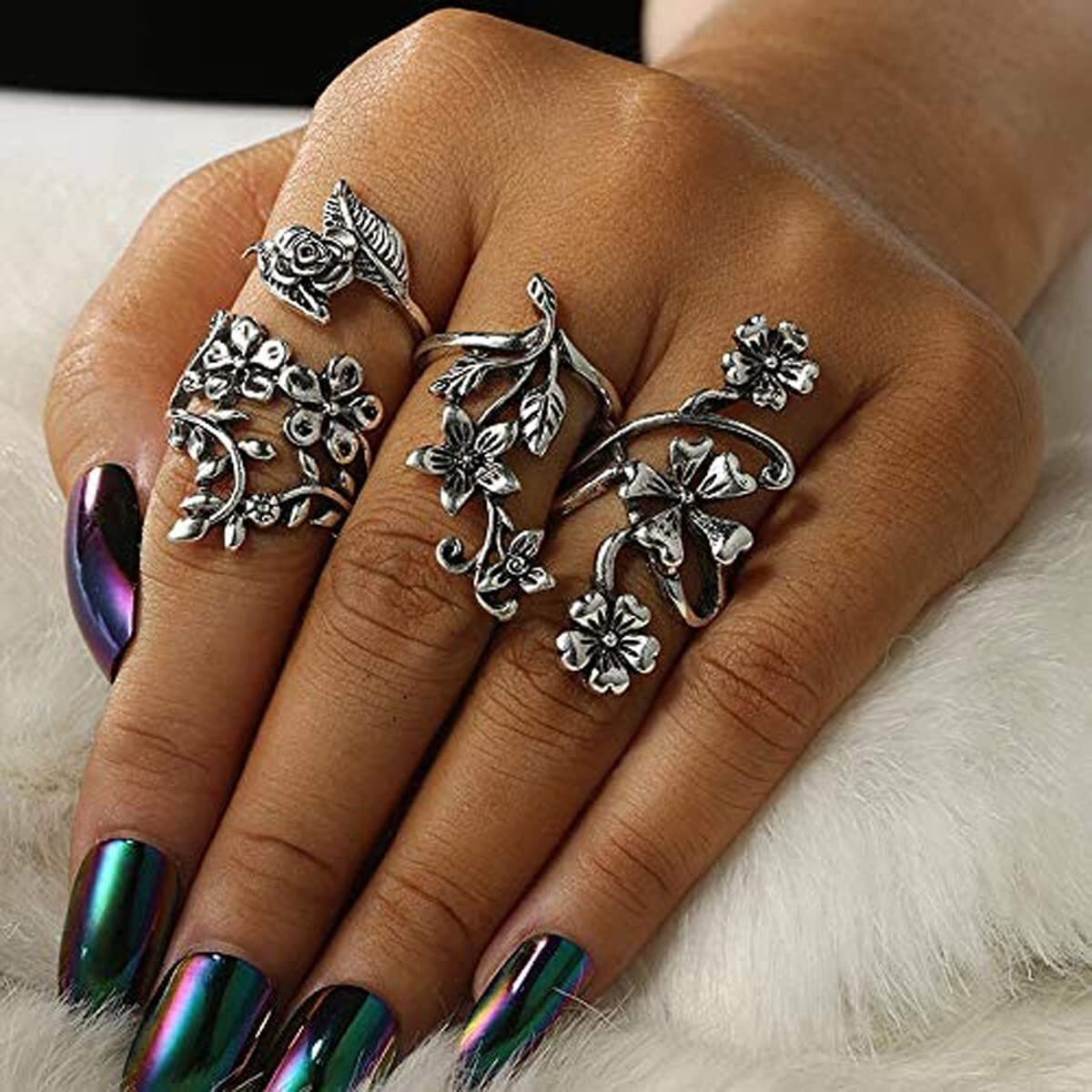 Jewels Galaxy Jewellery For Women Silver Plated Floral Contemporary Stackable Rings Set of 4 (JG-PC-RNGH-983)