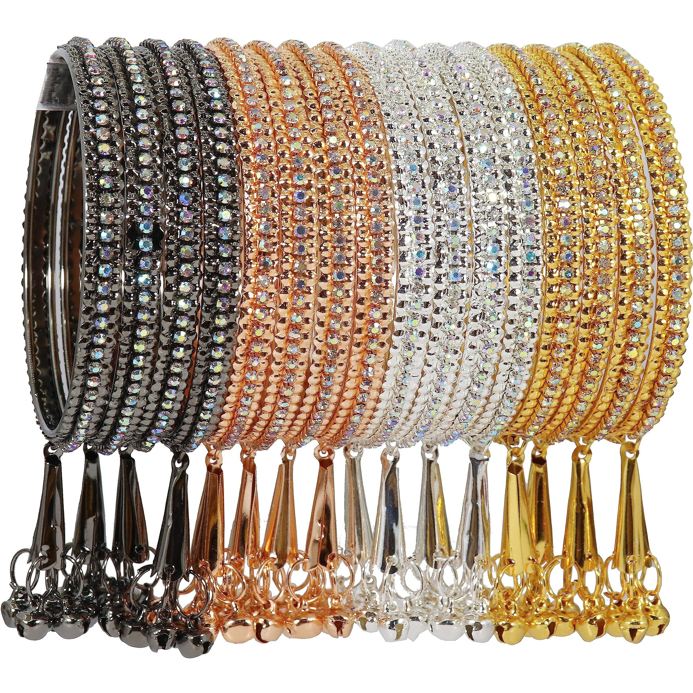 NMII Alloy Metal With Zircon Gemstone and Bells Latkan Linked Traditional Bangles Set For Girls and Women, (RB8_1213-Combo-2.6 Inches), Pack Of 16 Bangles Set