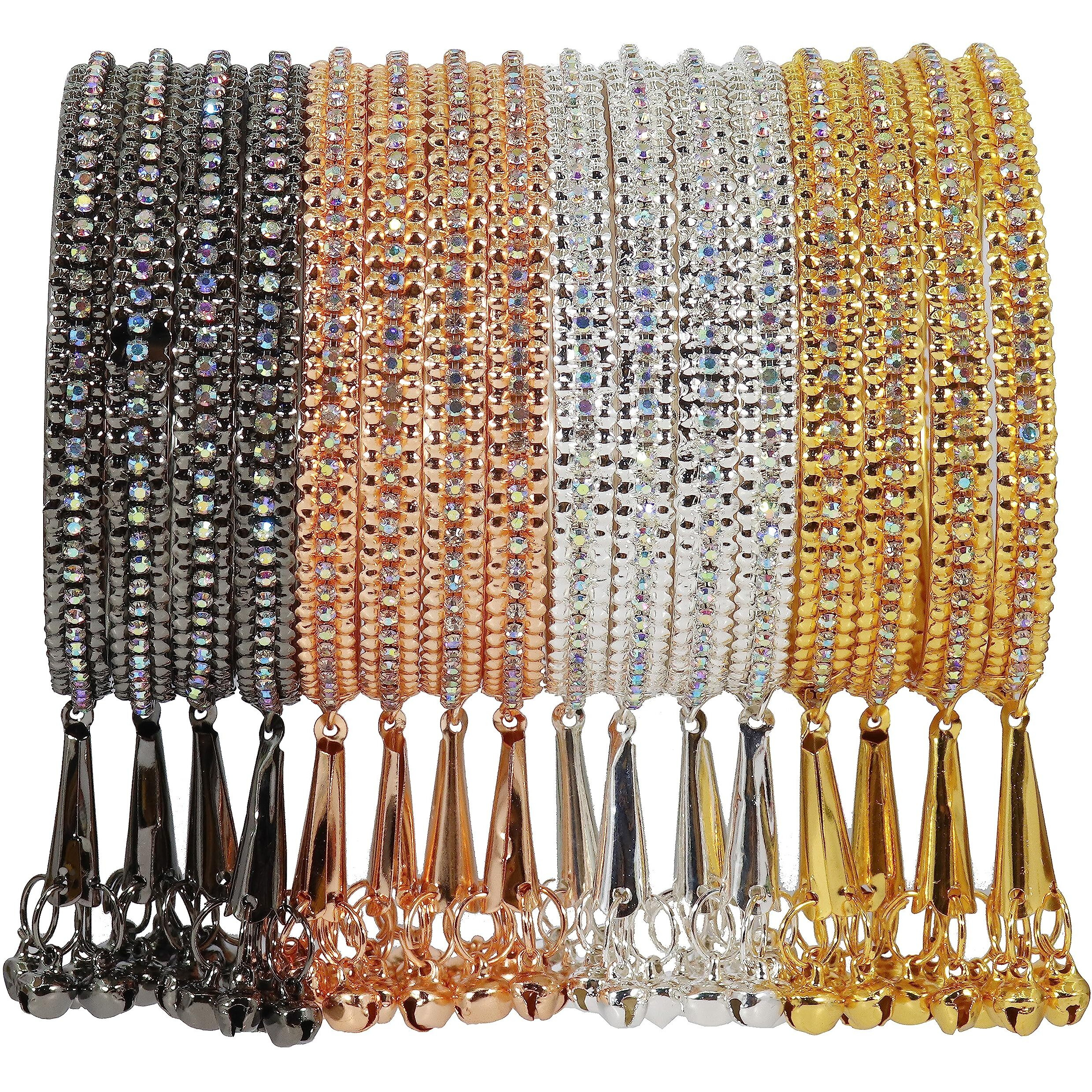 NMII Alloy Metal With Zircon Gemstone and Bells Latkan Linked Traditional Bangles Set For Girls and Women, (RB8_1213-Combo-2.6 Inches), Pack Of 16 Bangles Set