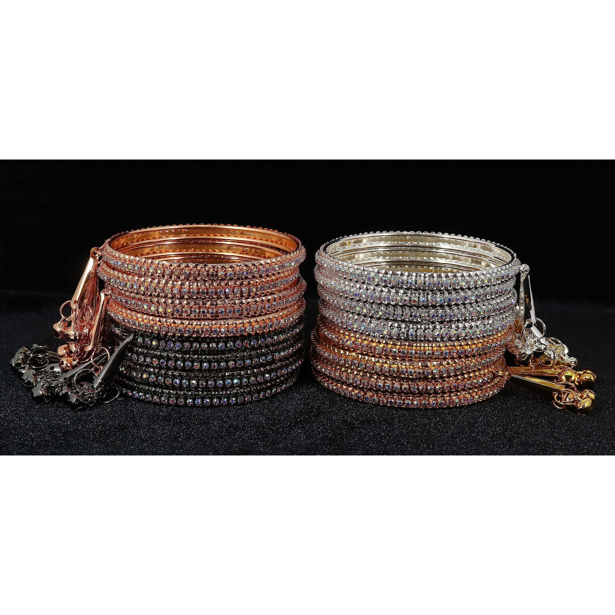 NMII Alloy Metal With Zircon Gemstone and Bells Latkan Linked Traditional Bangles Set For Girls and Women, (RB8_1213-Combo-2.6 Inches), Pack Of 16 Bangles Set