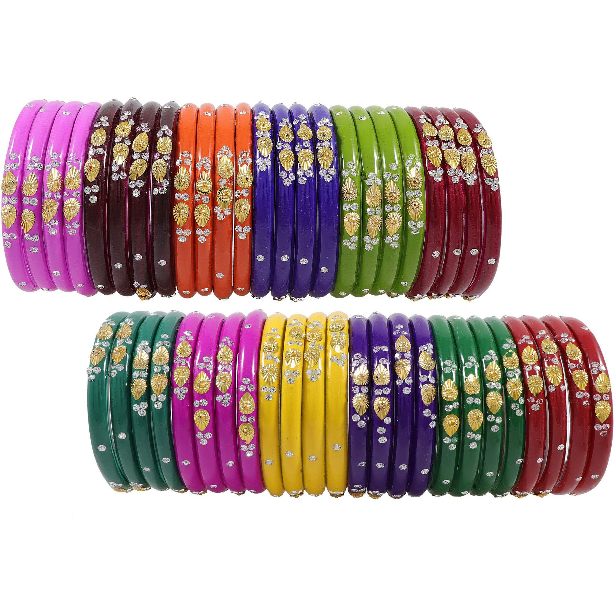ZULKA Glass with Zircon Gemstone Or Beads Studded worked Glossy Finished Kada Set For Women and Girls, (MultiColour_2.4 Inches), Pack Of 48 Kada Set