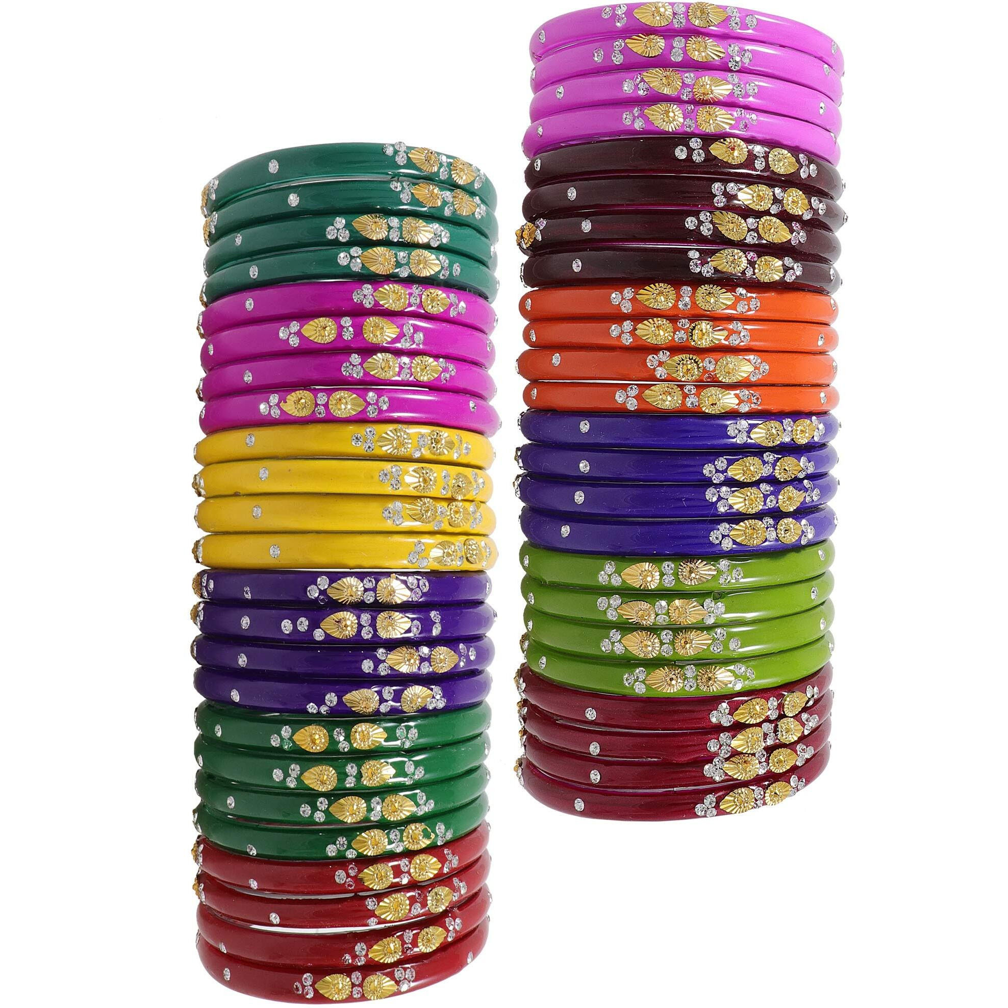 ZULKA Glass with Zircon Gemstone Or Beads Studded worked Glossy Finished Kada Set For Women and Girls, (MultiColour_2.4 Inches), Pack Of 48 Kada Set