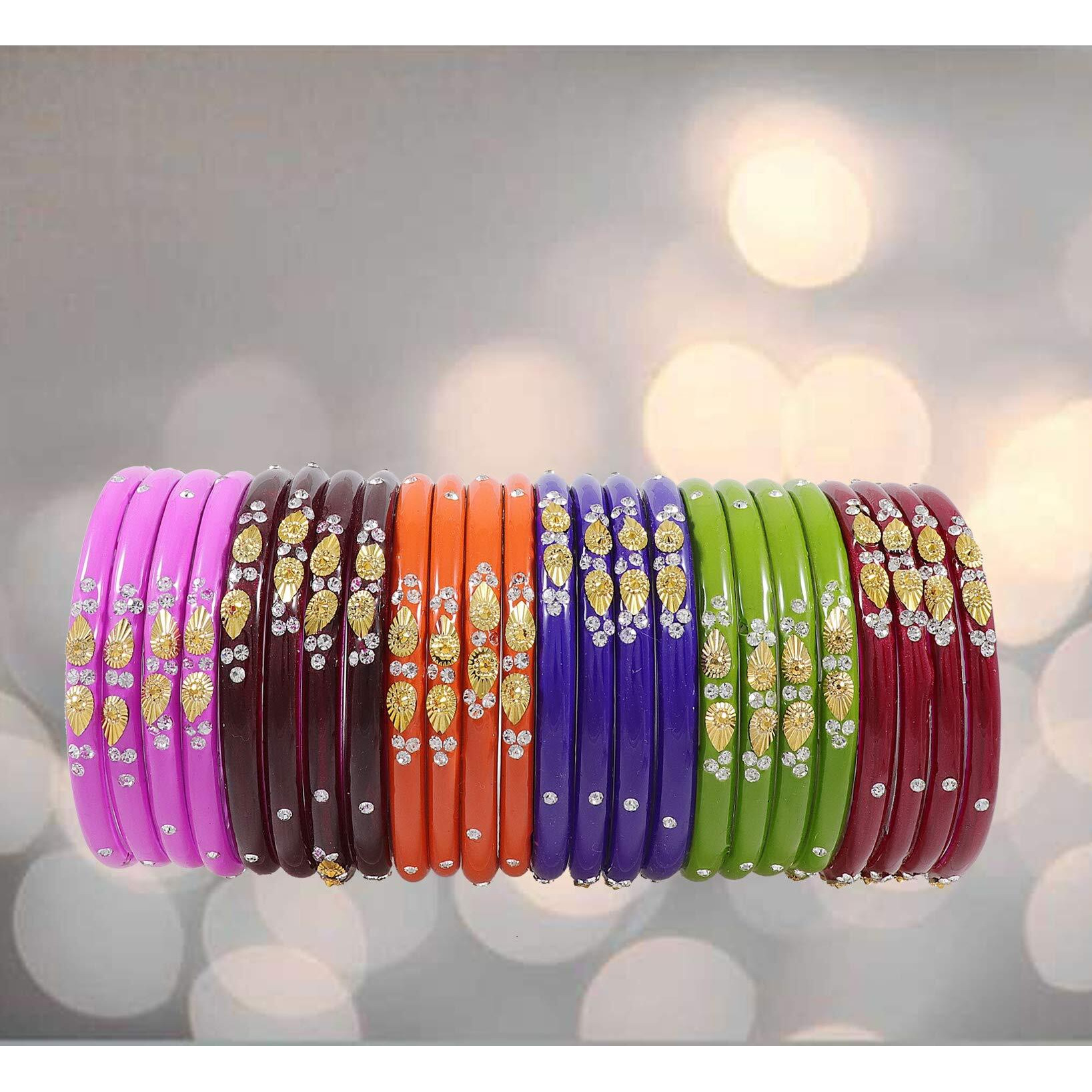 ZULKA Glass with Zircon Gemstone Or Beads Studded worked Glossy Finished Kada Set For Women and Girls, (MultiColour_2.4 Inches), Pack Of 48 Kada Set