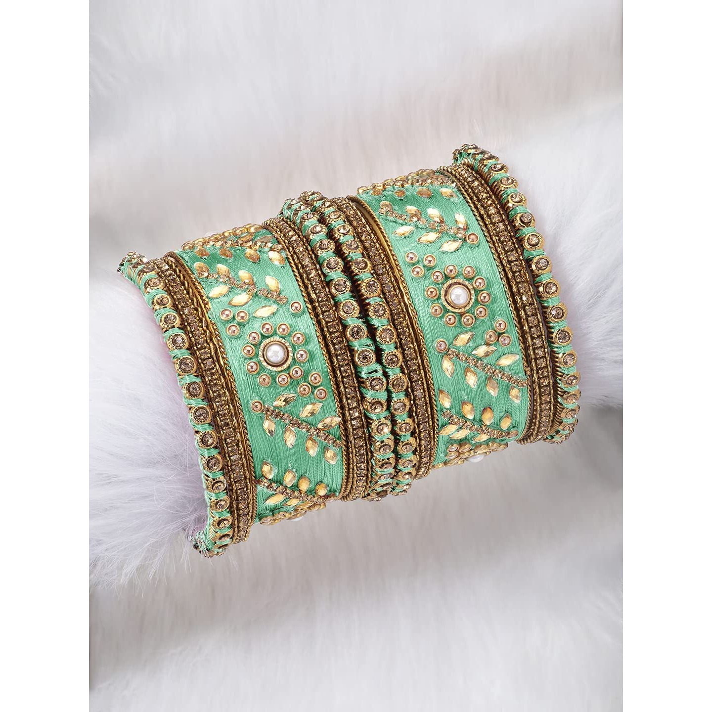 Peora Acrylic Alloy & Kundan Silk Thread Chuda Bangles Set for Women Girls (Light Green)|Rakhi Rakshabandhan Gift for Sister Bhabhi, Gifts for Women