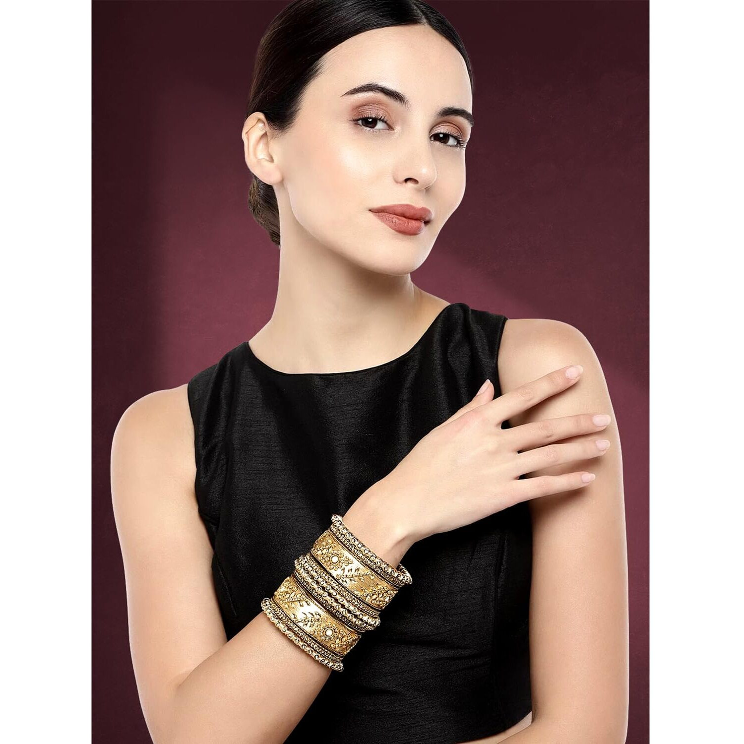 Peora Acrylic Brass Alloy & Kundan Chuda Bangles Set for Women & Girls (Gold) SIZE - 2.6|Rakhi Rakshabandhan Gift for Sister Bhabhi, Gifts for Women