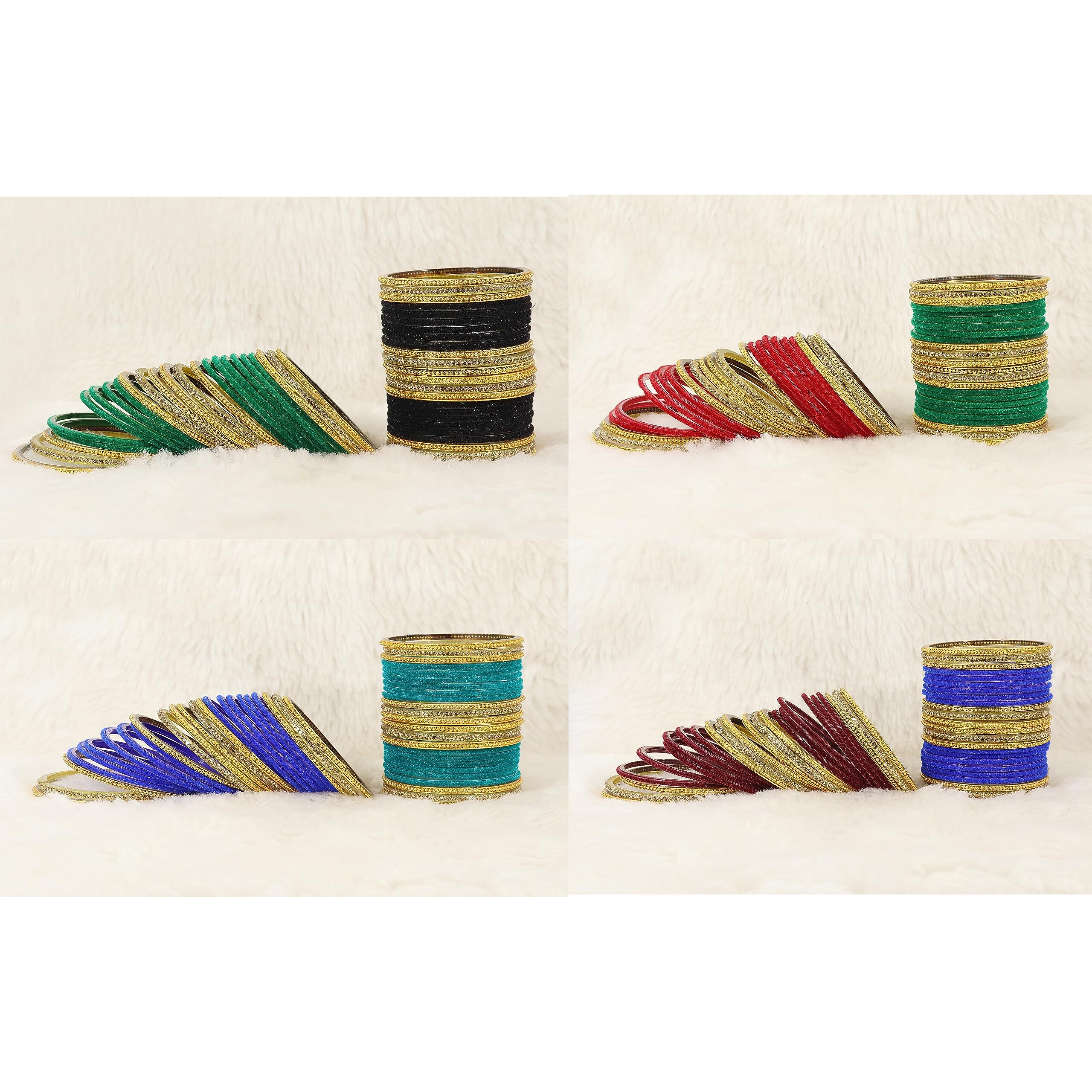 NMII Stylish Multicolour Glass Bangles Set For Womens & Girls Studded Golden Zircon Gemstone, Ballchain and Velvet Bangles | Fancy Glass Bangles Set- Pack of 144 Bangles, (MultiColour-2.2 Inches)