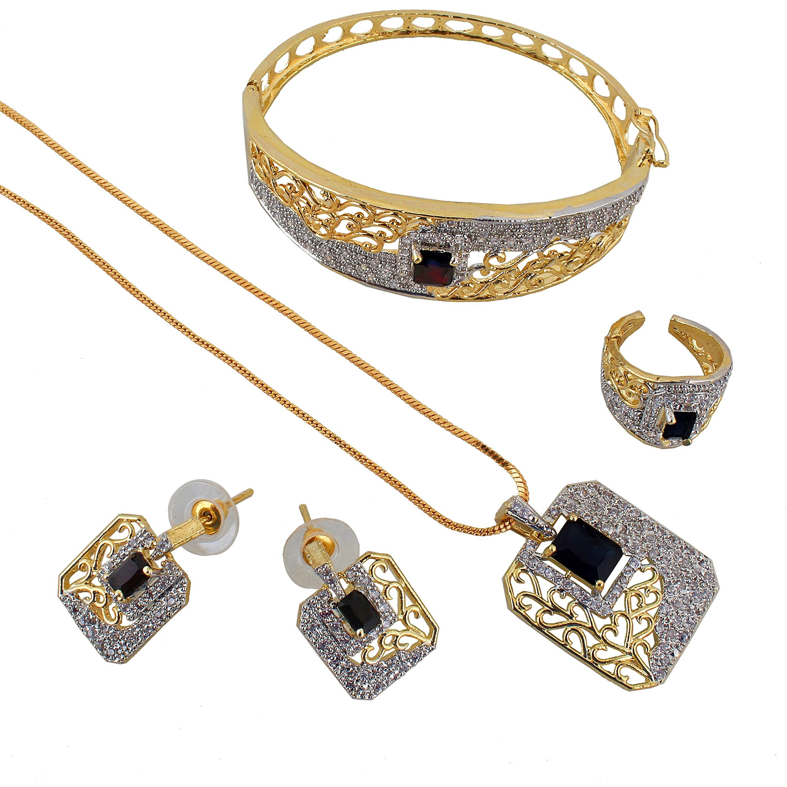 Lucky Jewellery 18K Gold Plated American Diamond (AD) White Color Combo Pendant Set with Earring, Bracelet, & Ring for Girls & Women (575-P4SA-1554-BL)