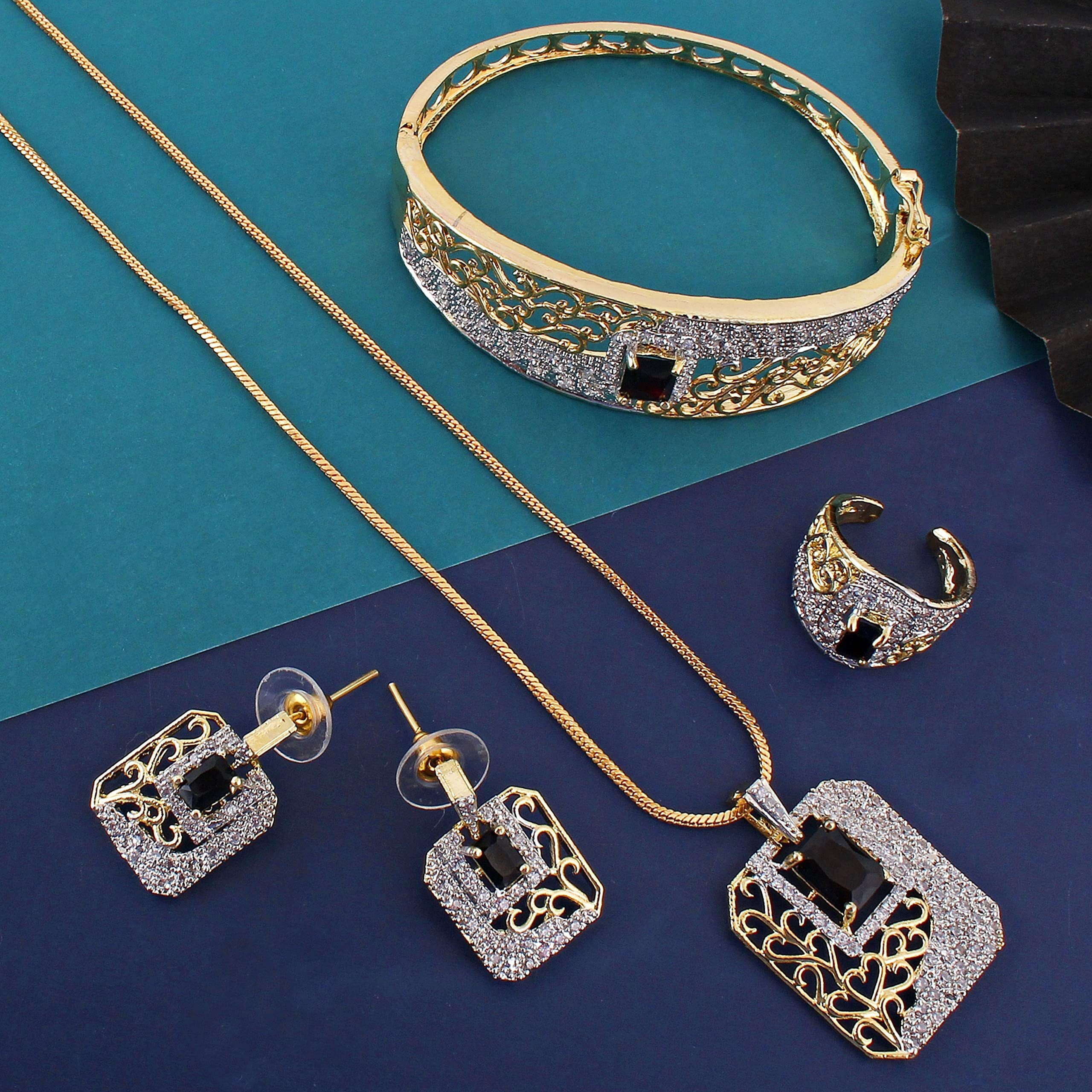 Lucky Jewellery 18K Gold Plated American Diamond (AD) White Color Combo Pendant Set with Earring, Bracelet, & Ring for Girls & Women (575-P4SA-1554-BL)