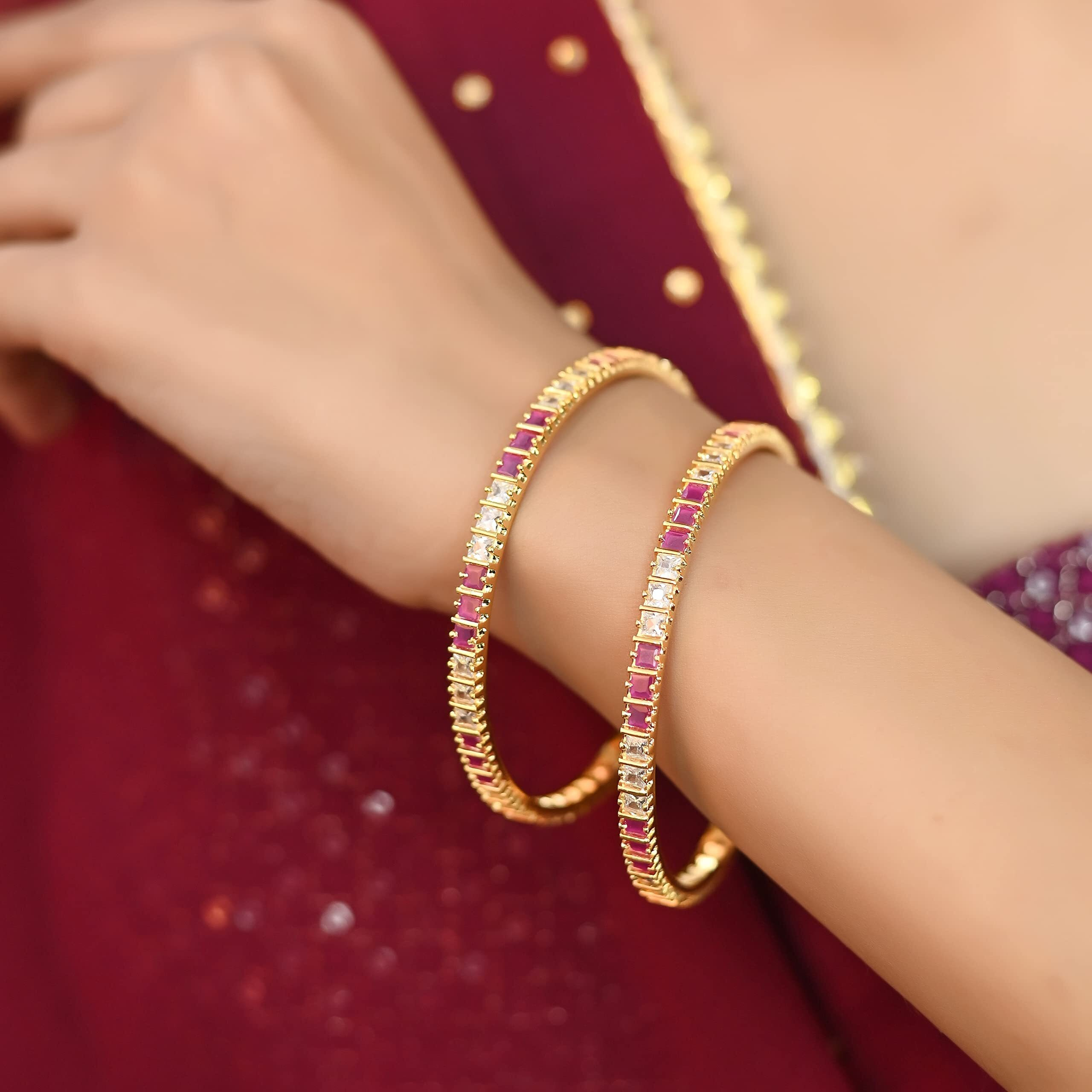 Ratnavali Jewels Beautiful CZ Studded Gold Plated Traditional Red Ruby and White Bangles Set for Women RV791 (2.2)