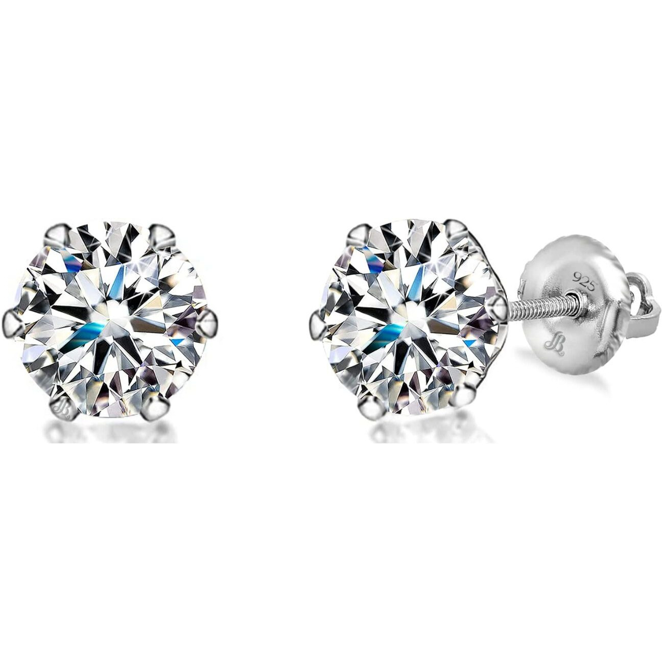 LaBling 925 Sterling Silver Screwback Stud Earrings Round Brilliant Cut Zirconia Tops for Men, Women - Silver 6mm