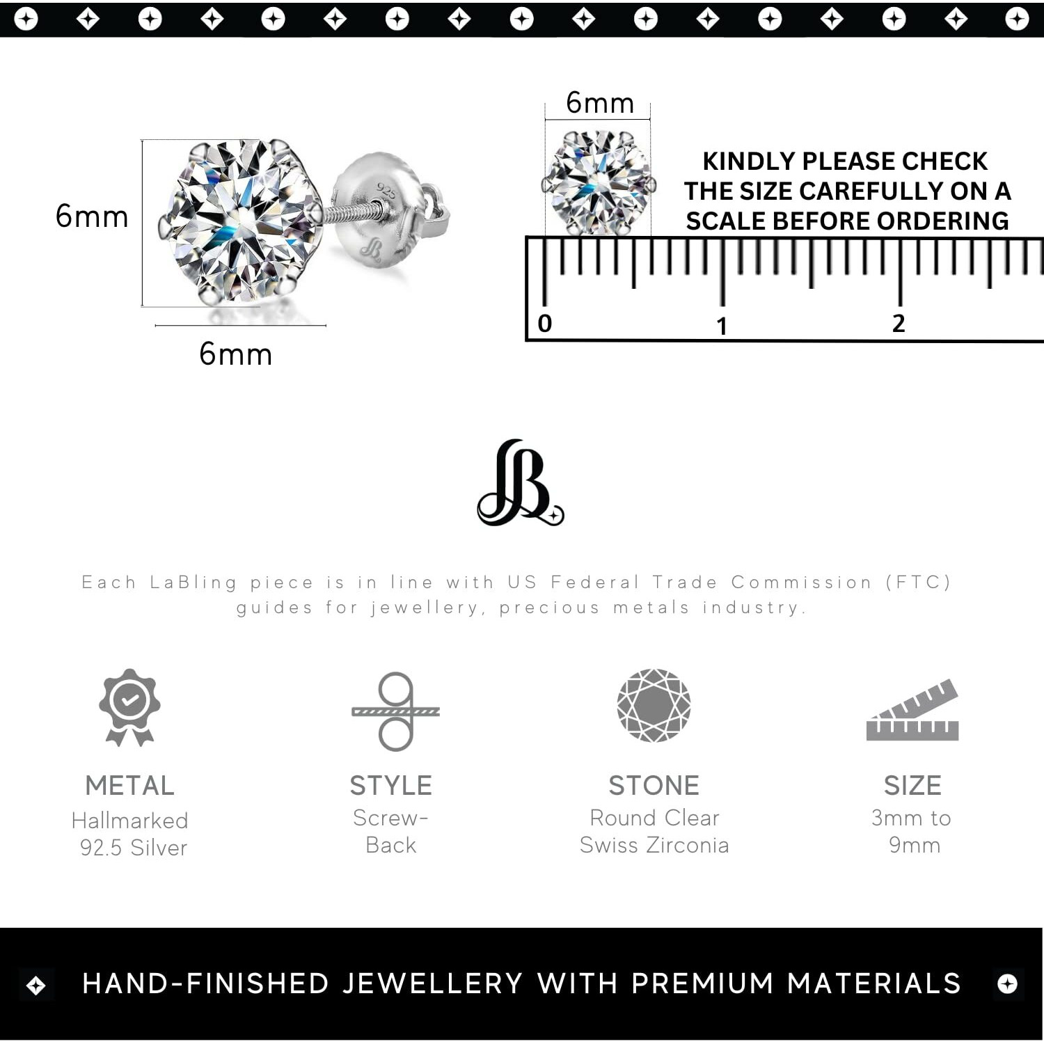 LaBling 925 Sterling Silver Screwback Stud Earrings Round Brilliant Cut Zirconia Tops for Men, Women - Silver 6mm