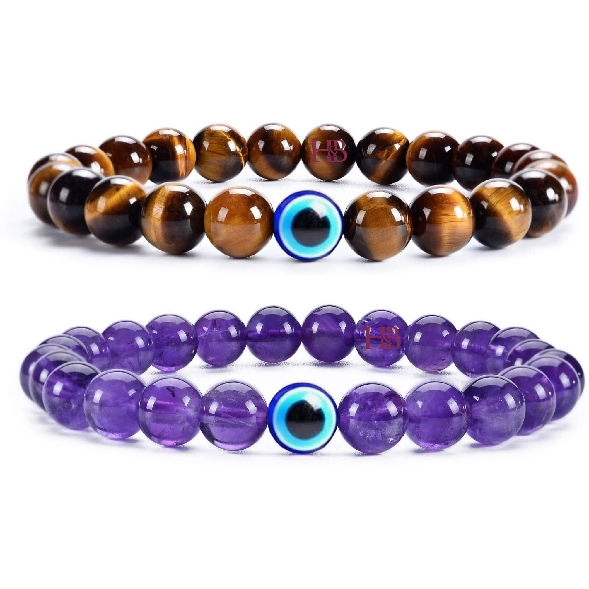 Hot And Bold Multilayered Couple Evil Eye Beads Combo Bracelet Set. Embrace Harmony, Protection, and Positive Energy Together for Him & Her. (Earthly Combo Bracelet (Tiger Eye & Amethyst))