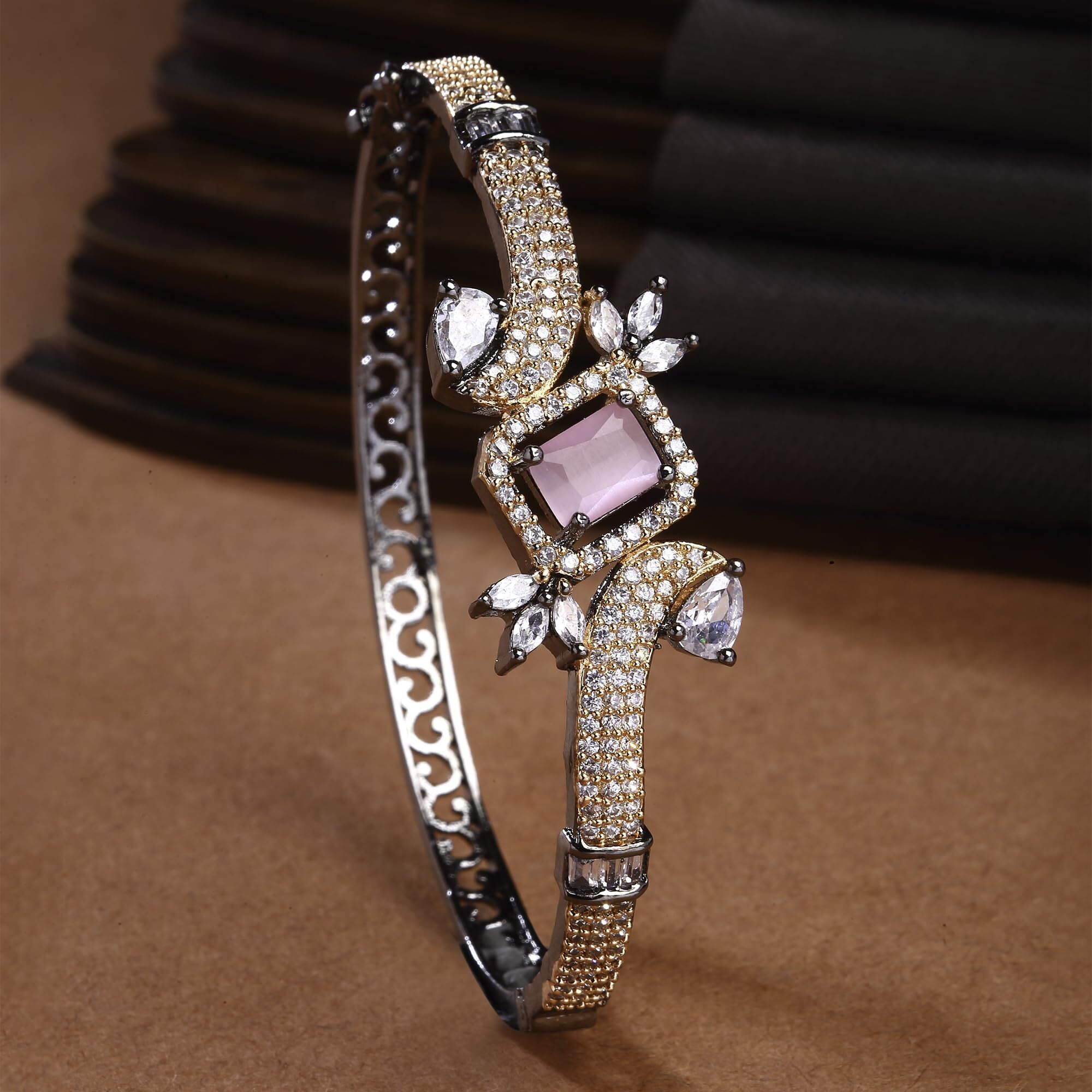 ZENEME Bracelet Rhodium-Plated Silver Toned Pink American Diamond Studded Contemporary Kada Openable Bracelet For Women and Girls