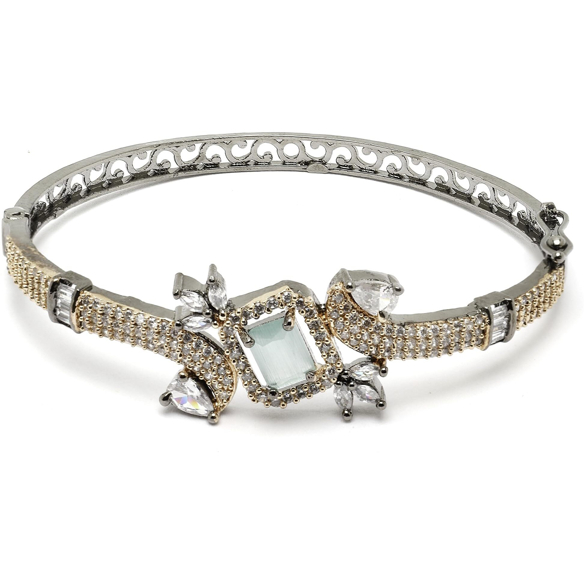 ZENEME Bracelet Rhodium-Plated Silver Toned Lime Green American Diamond Studded Contemporary Kada Openable Bracelet For Women and Girls