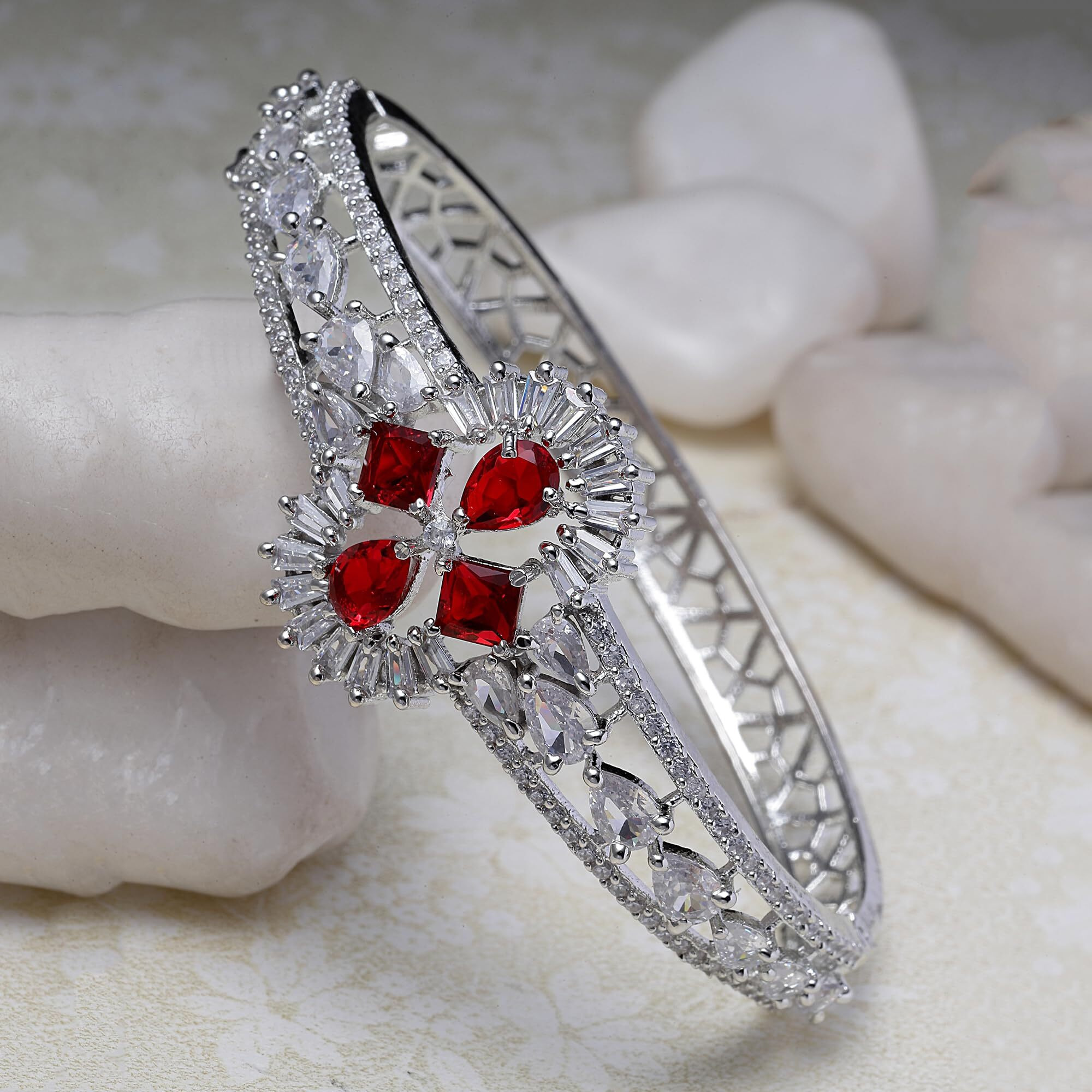 ZENEME Bracelet Rhodium-Plated Silver Toned Red American Diamond Studded Contemporary Kada Openable Bracelet For Women and Girls