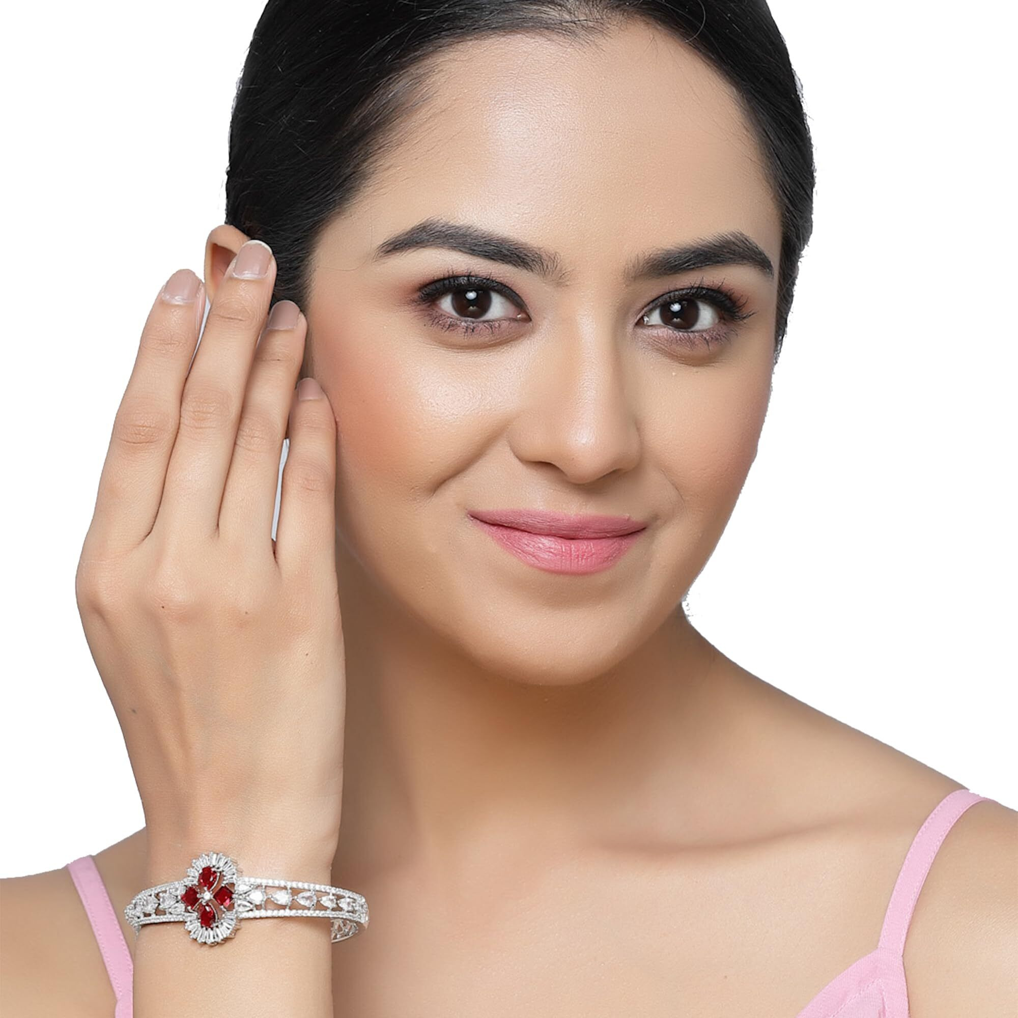 ZENEME Bracelet Rhodium-Plated Silver Toned Red American Diamond Studded Contemporary Kada Openable Bracelet For Women and Girls