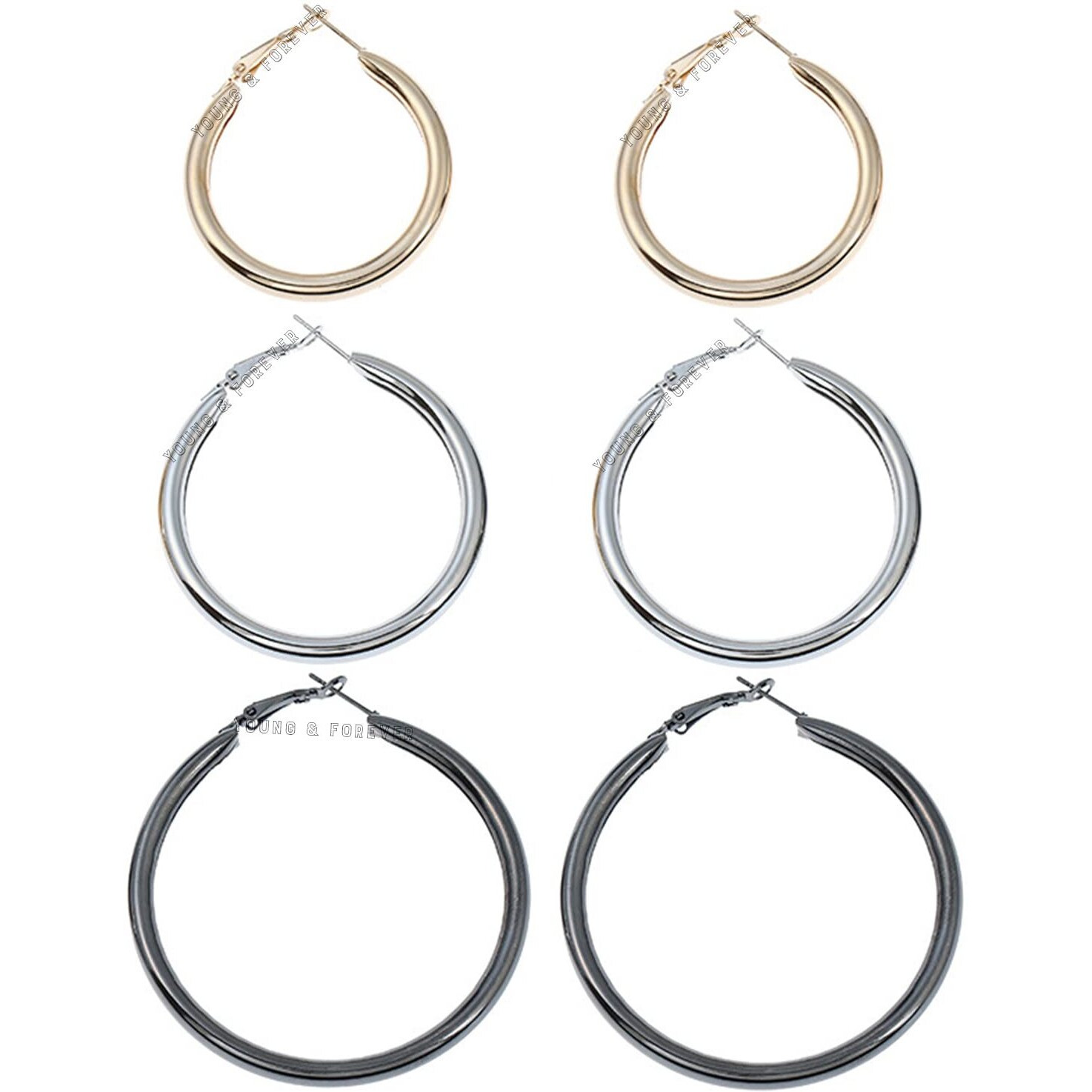 Young & Forever Gift 3 Pairs a Set Stainless Steel Gold and Silver Plated Tube Hoop Earrings for Women Big Hoop Dangle Earring for Women Round Earrings Geometric Hoop Earrings Set