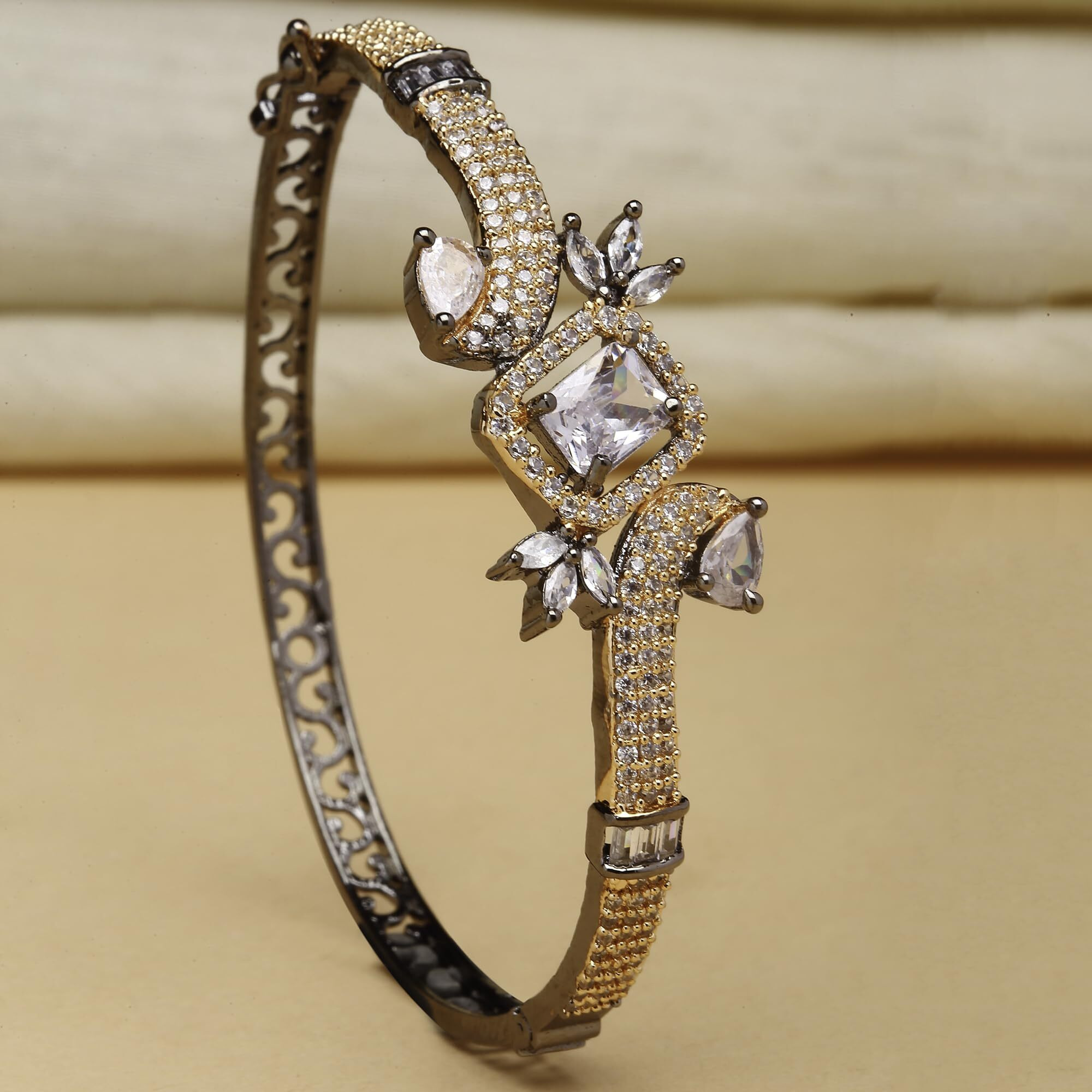 ZENEME Bracelet Rhodium-Plated Silver Toned Crystal American Diamond Studded Contemporary Kada Openable Bracelet For Women and Girls