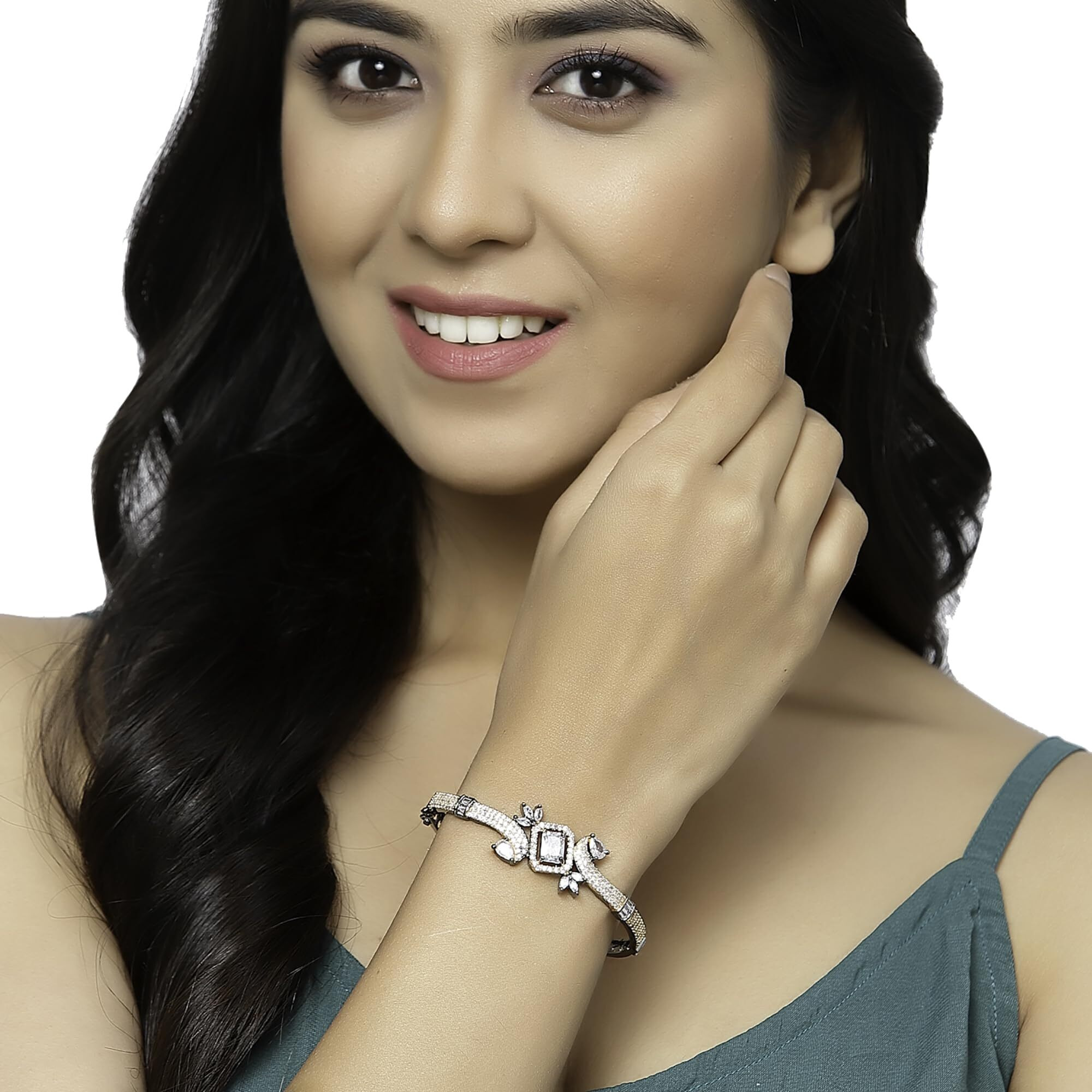 ZENEME Bracelet Rhodium-Plated Silver Toned Crystal American Diamond Studded Contemporary Kada Openable Bracelet For Women and Girls