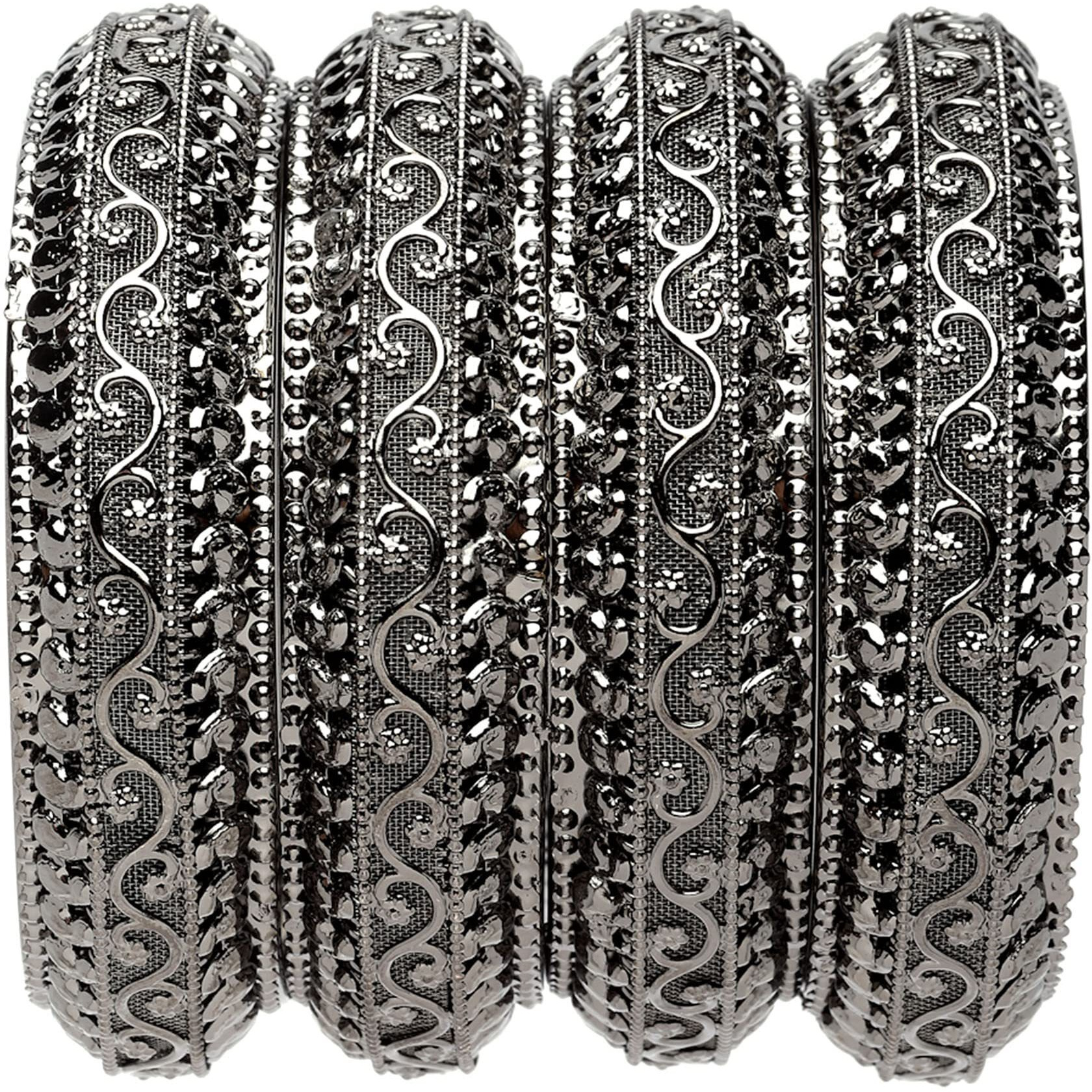 ZENEME Set Of 4 Oxidised Silver-Plated Classic Intricate Textured Bangles Jewellery Set for Girls and Women (Silver Toned, 2.4) (Black, 2.4)