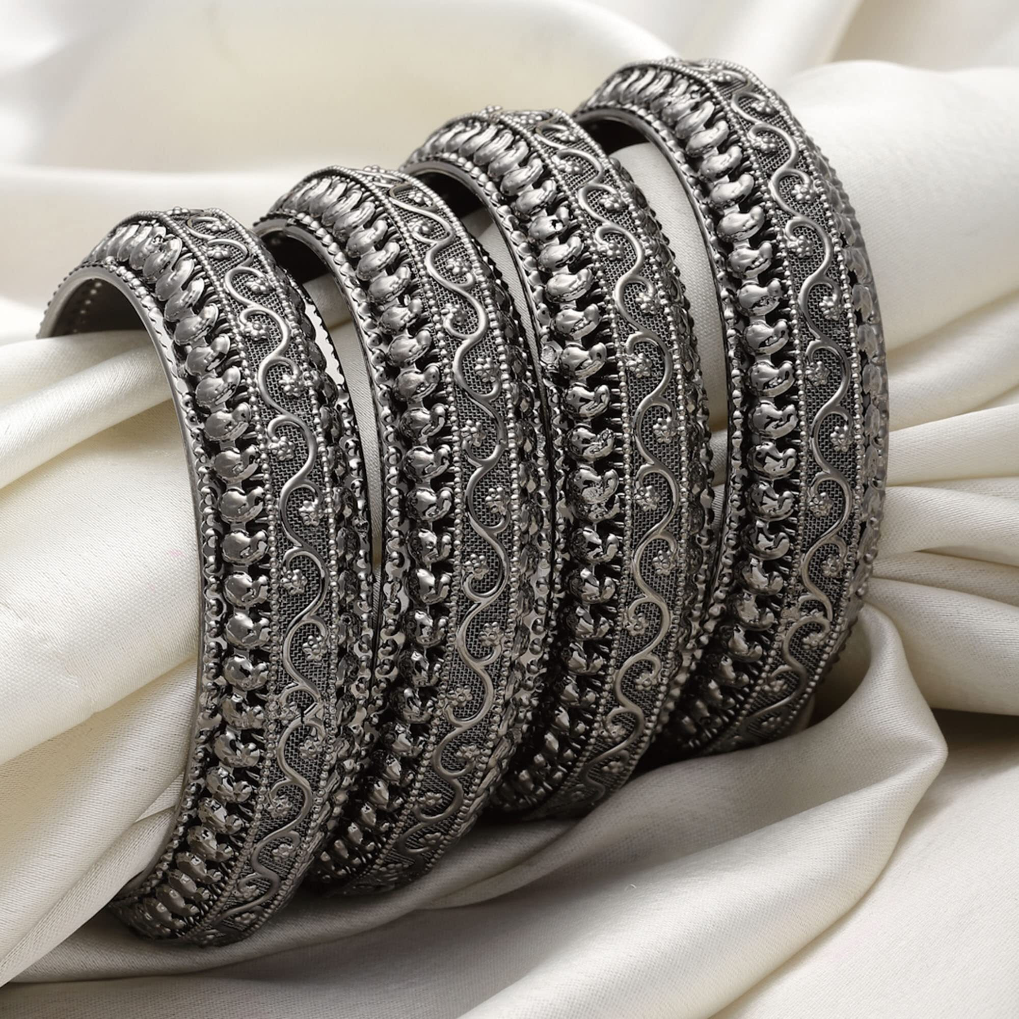 ZENEME Set Of 4 Oxidised Silver-Plated Classic Intricate Textured Bangles Jewellery Set for Girls and Women (Silver Toned, 2.4) (Black, 2.4)