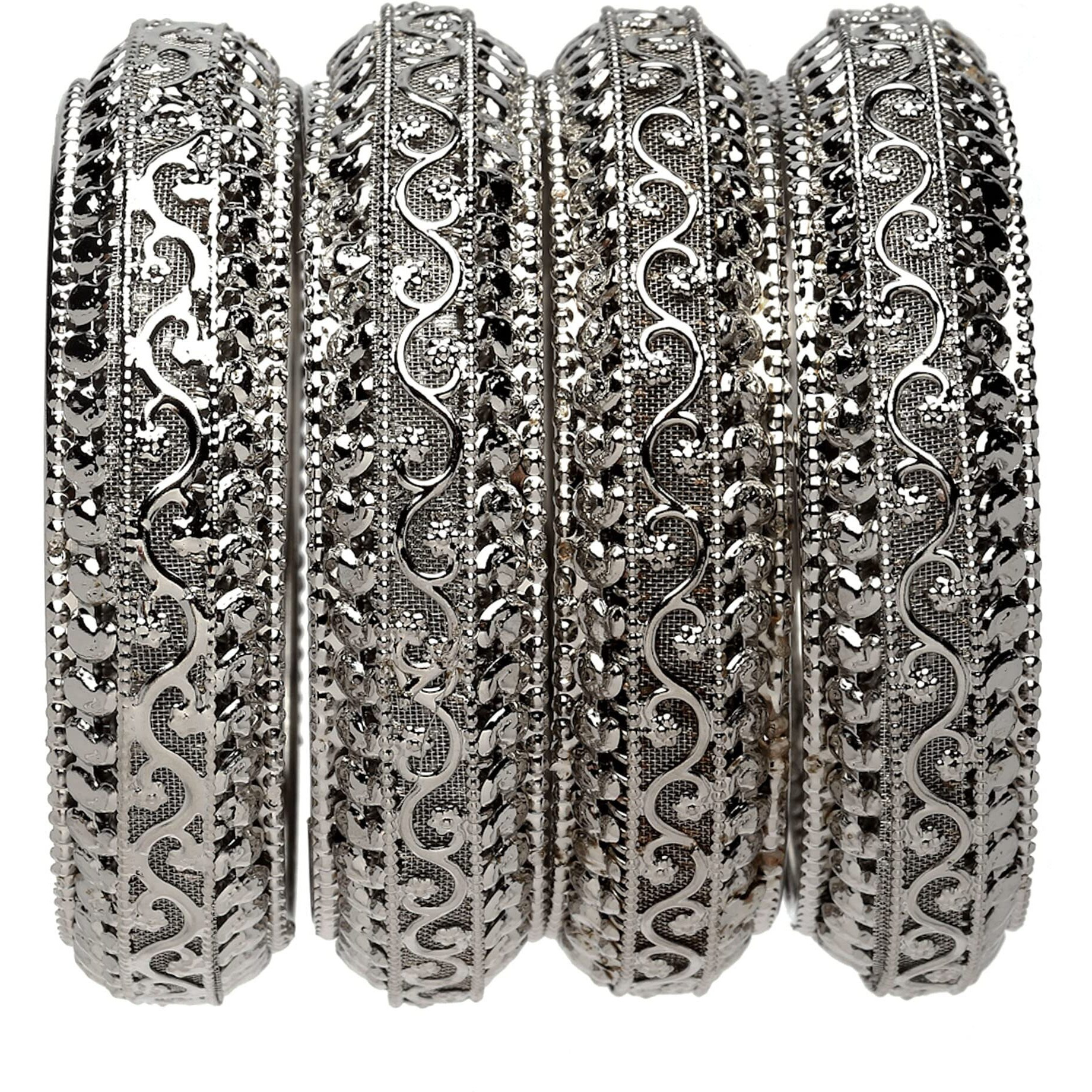 ZENEME Set Of 4 Oxidised Silver-Plated Classic Intricate Textured Bangles Jewellery Set for Girls and Women (Silver Toned, 2.4) (Silver, 2.4)