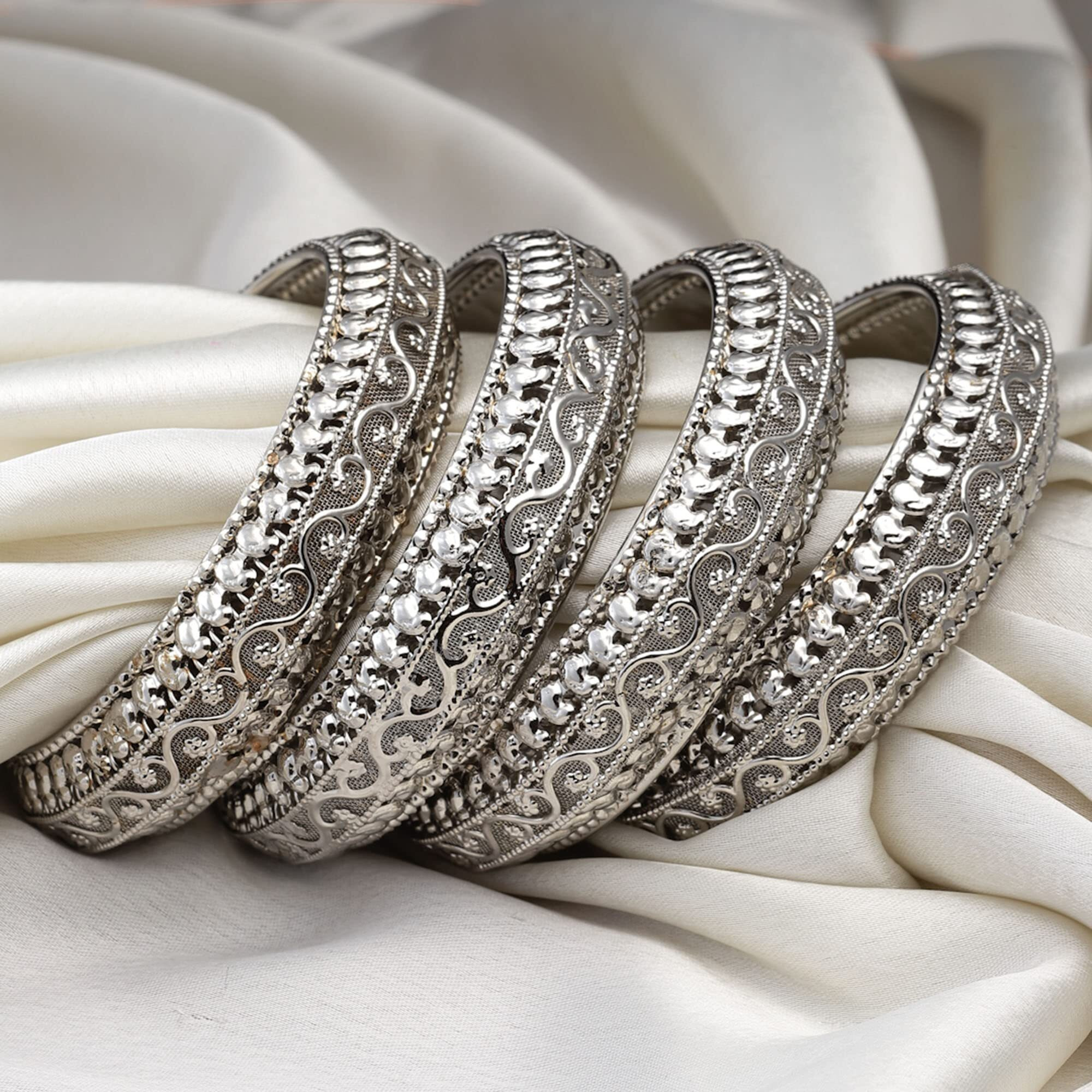 ZENEME Set Of 4 Oxidised Silver-Plated Classic Intricate Textured Bangles Jewellery Set for Girls and Women (Silver Toned, 2.4) (Silver, 2.4)