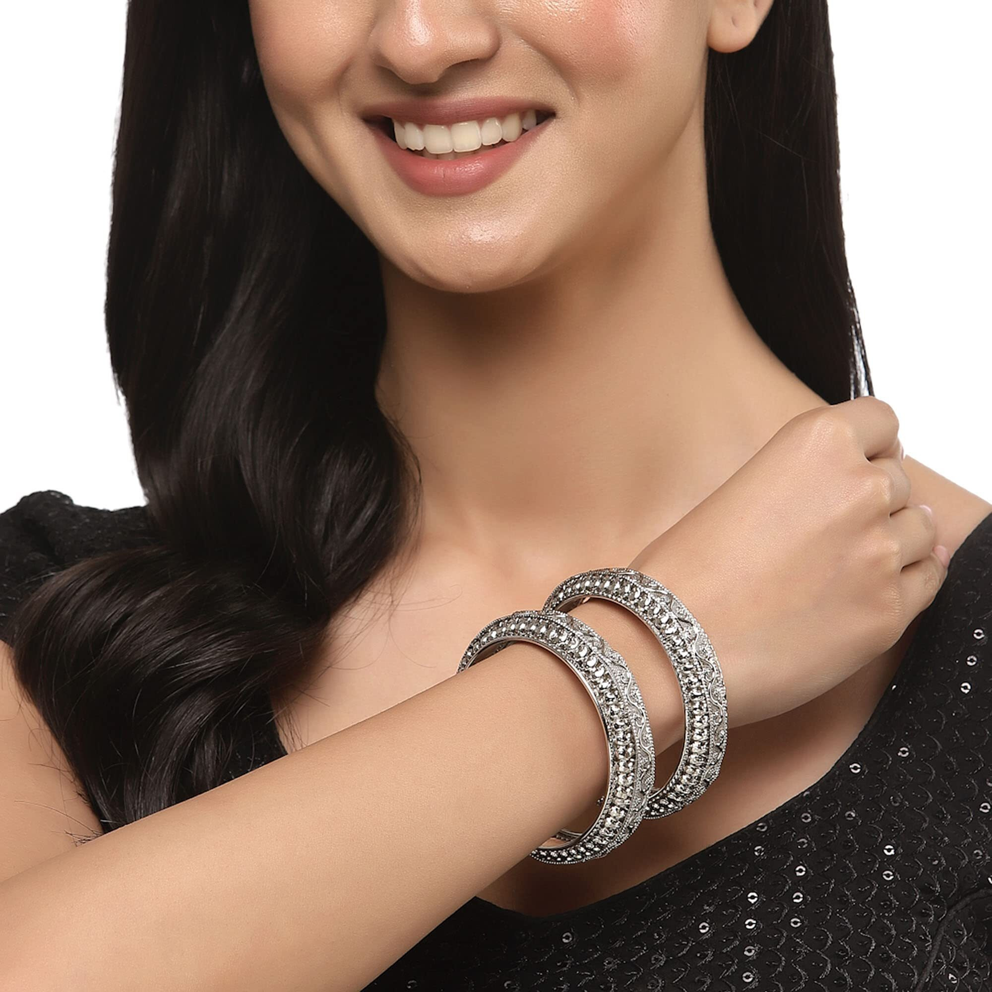 ZENEME Set Of 4 Oxidised Silver-Plated Classic Intricate Textured Bangles Jewellery Set for Girls and Women (Silver Toned, 2.4) (Silver, 2.4)