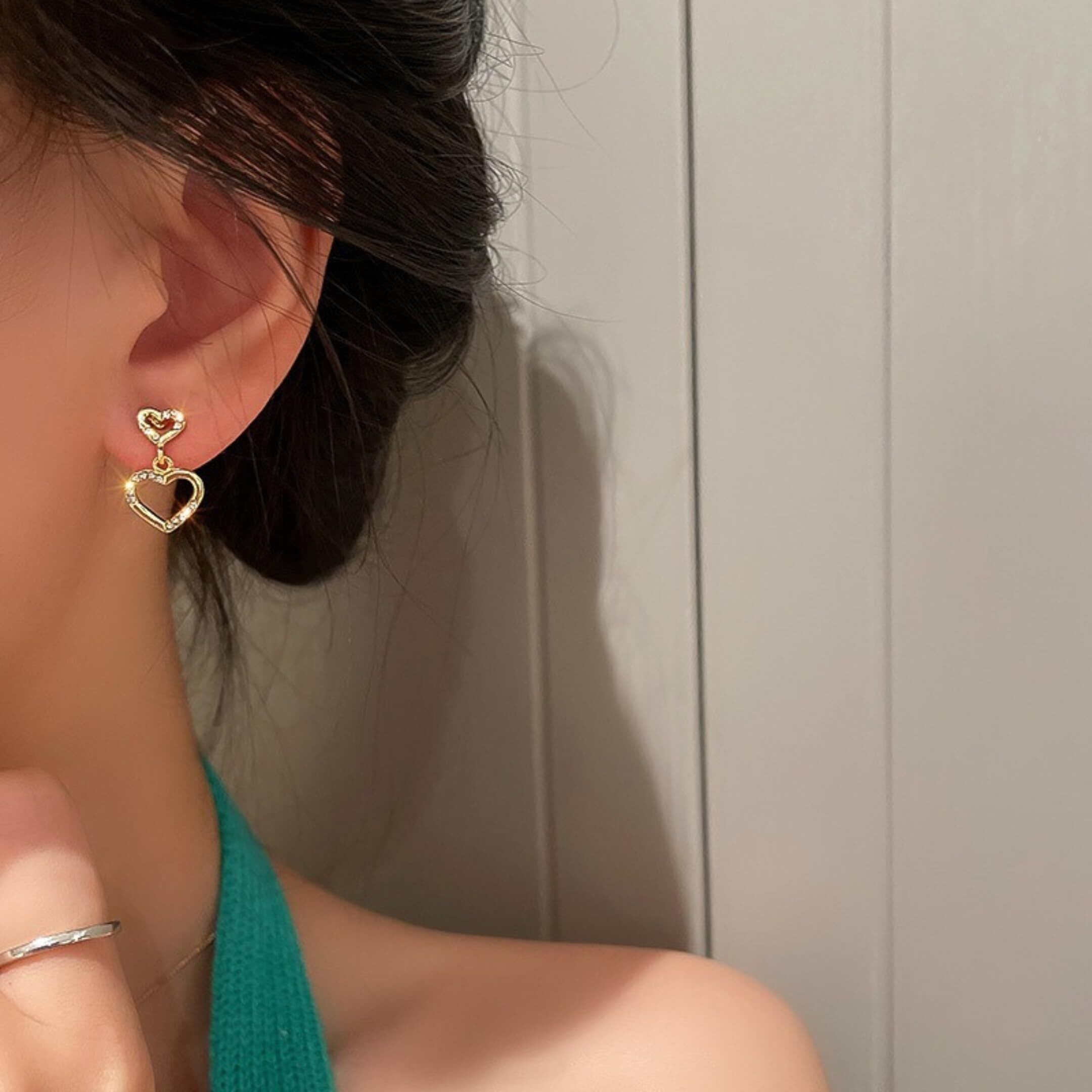 BLACKBOX Golden color Double heart drop style stud korean Earrings for Women & Girls | Stylish & Fashionable Earring for Girlfriend | Accessories Jewellery for Women | Gift for Birthday & Anniversary