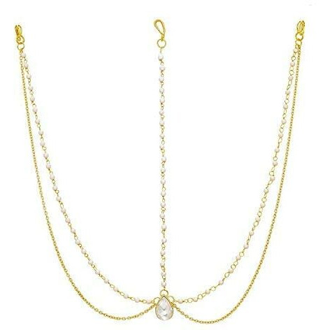 Handicraft Kottage Latest Hair Jewelry Traditional White Pearl Stone Maang Tikka Jewellery | Chain Mathapatti | Bridal tika Jewellery Set for Women & Girls | Maang Tikka for Women