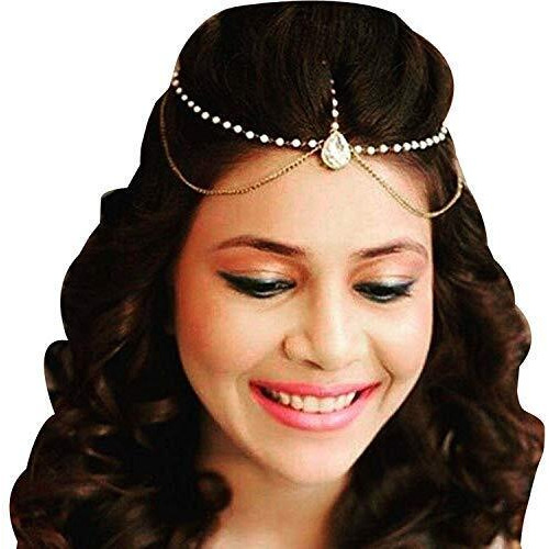 Handicraft Kottage Latest Hair Jewelry Traditional White Pearl Stone Maang Tikka Jewellery | Chain Mathapatti | Bridal tika Jewellery Set for Women & Girls | Maang Tikka for Women
