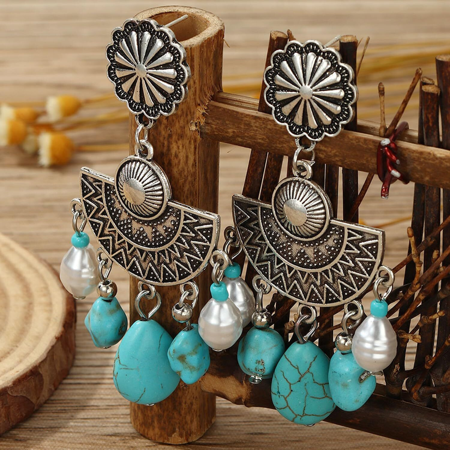 Young & Forever Gift Oxidised Sterling Silver Black Metal Fashion Korean Western Drop Earrings for Women Hanging Birthday Marriage Anniversary Gift Earing for Wife Blue Turquoise Stone Statement Girls