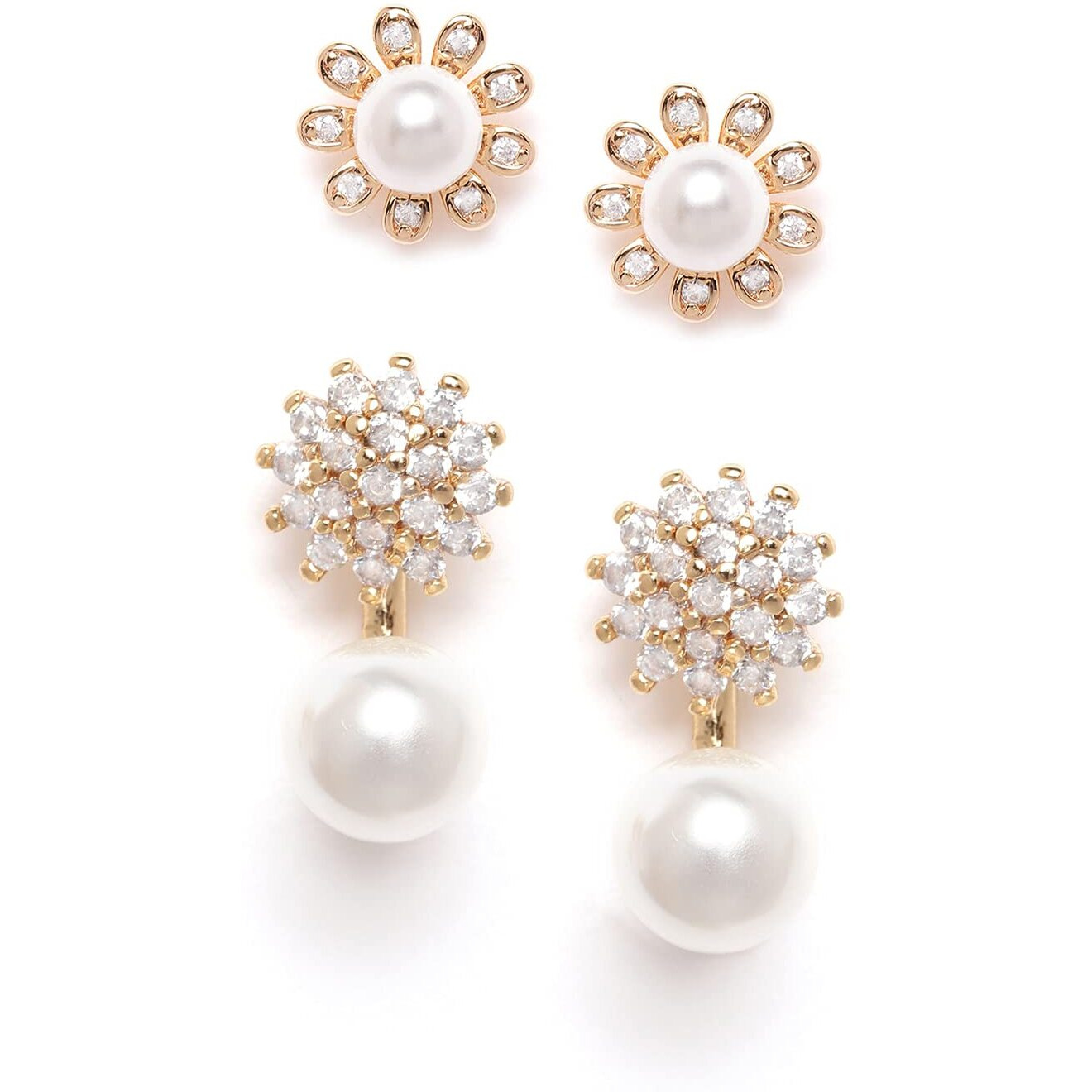 Zaveri Pearls Set of 2 Gold Tone Contemporary Cubic Zirconia Brass Stud Earrings For Women-ZPFK11165