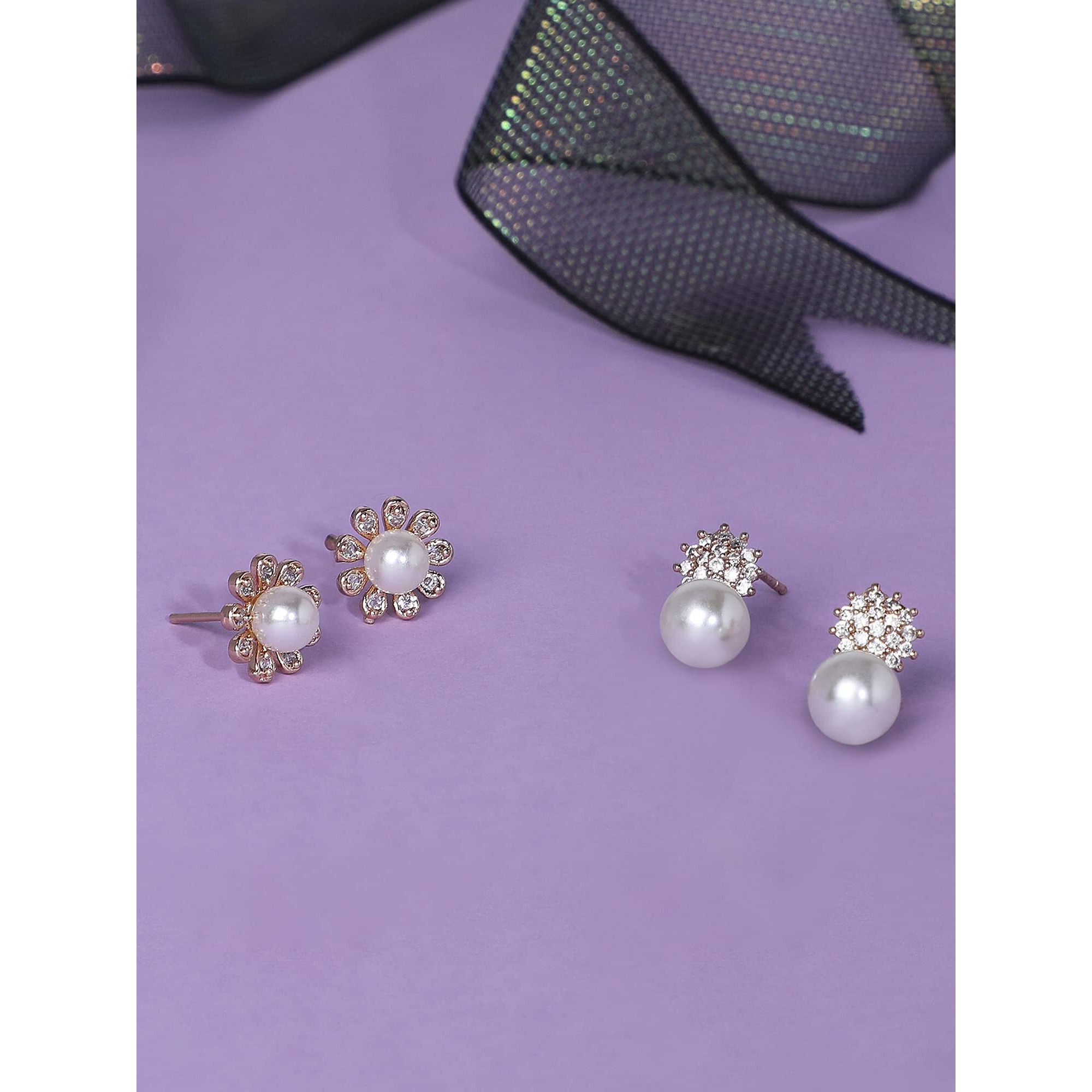 Zaveri Pearls Set of 2 Gold Tone Contemporary Cubic Zirconia Brass Stud Earrings For Women-ZPFK11165