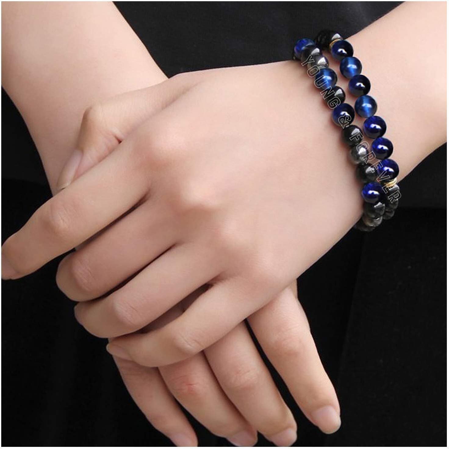 Young & Forever Gift Reiki Infused Handmade Chakra Bracelets for Women Semi Precious Gemstone Blue Tiger Eye Onyx Lava Healing Crystal Bracelet for Men