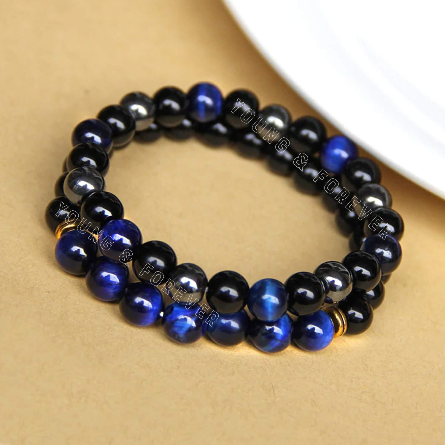 Young & Forever Gift Reiki Infused Handmade Chakra Bracelets for Women Semi Precious Gemstone Blue Tiger Eye Onyx Lava Healing Crystal Bracelet for Men