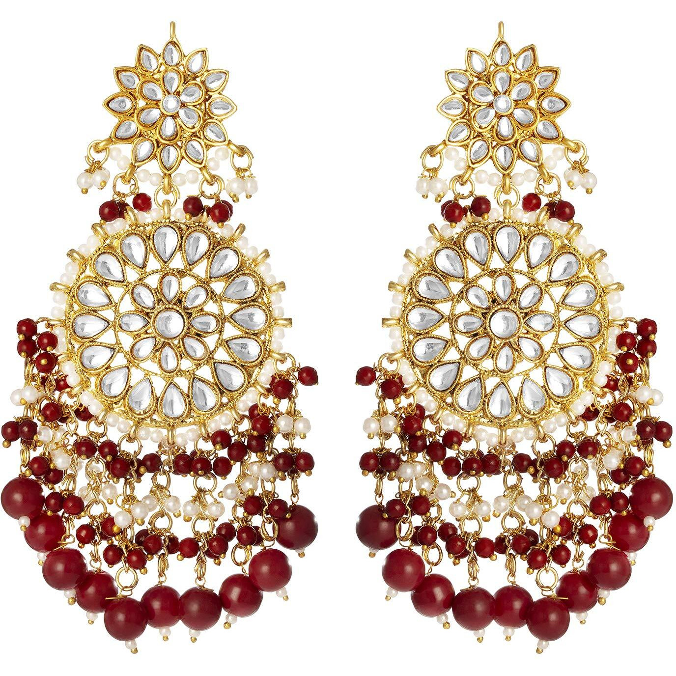 Peora Gold Plated Kundan Pearl Maroon Chandbali Long Dangle Earrings Indian Traditional Ethnic Jewellery for Women