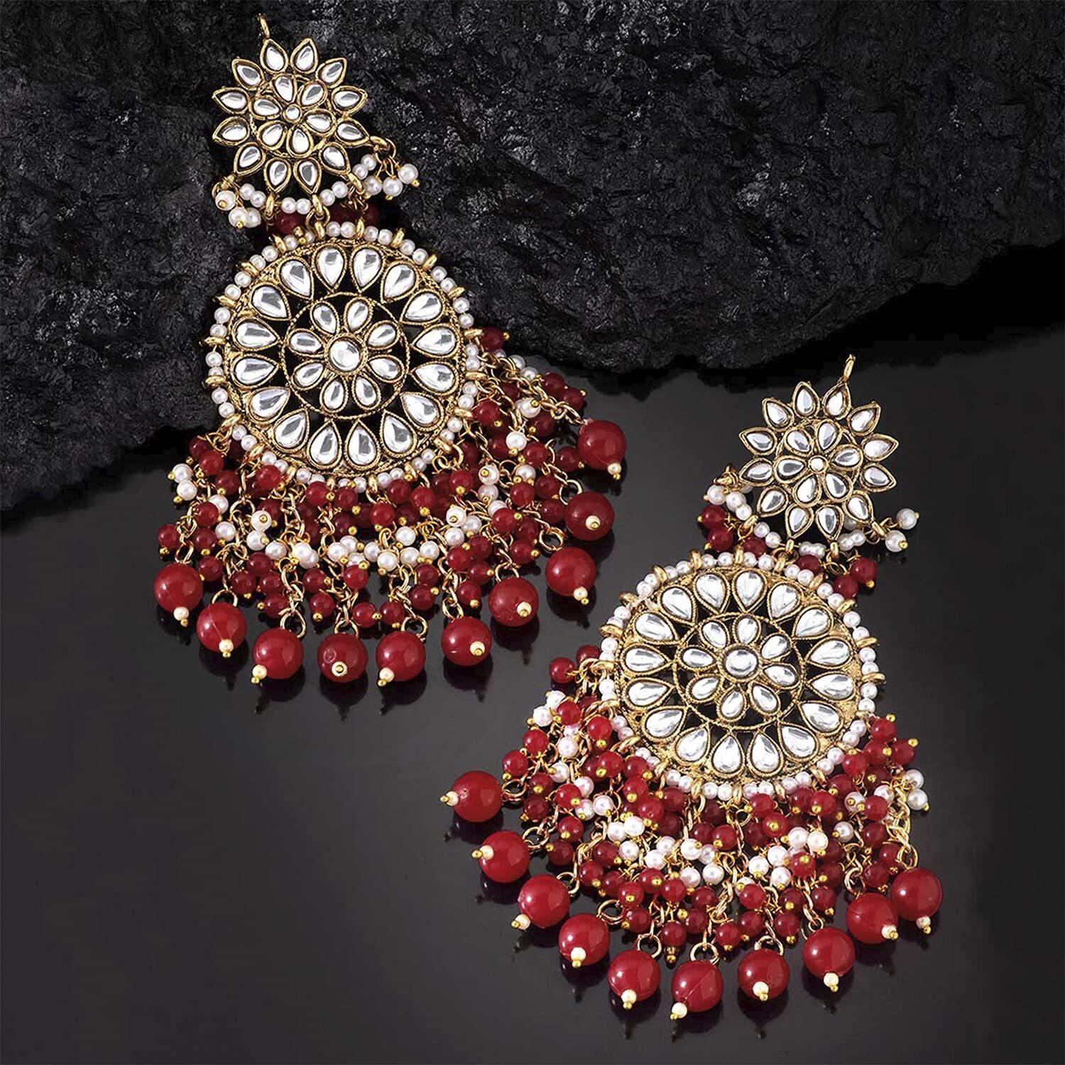 Peora Gold Plated Kundan Pearl Maroon Chandbali Long Dangle Earrings Indian Traditional Ethnic Jewellery for Women