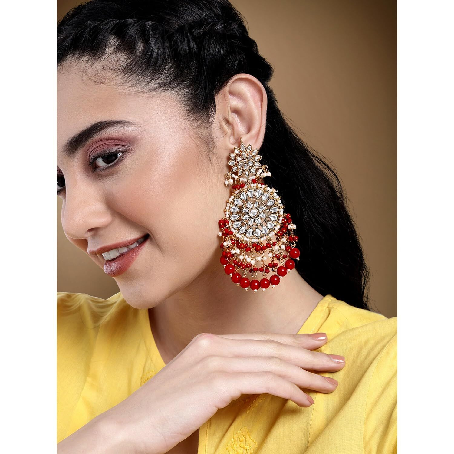 Peora Gold Plated Kundan Pearl Maroon Chandbali Long Dangle Earrings Indian Traditional Ethnic Jewellery for Women
