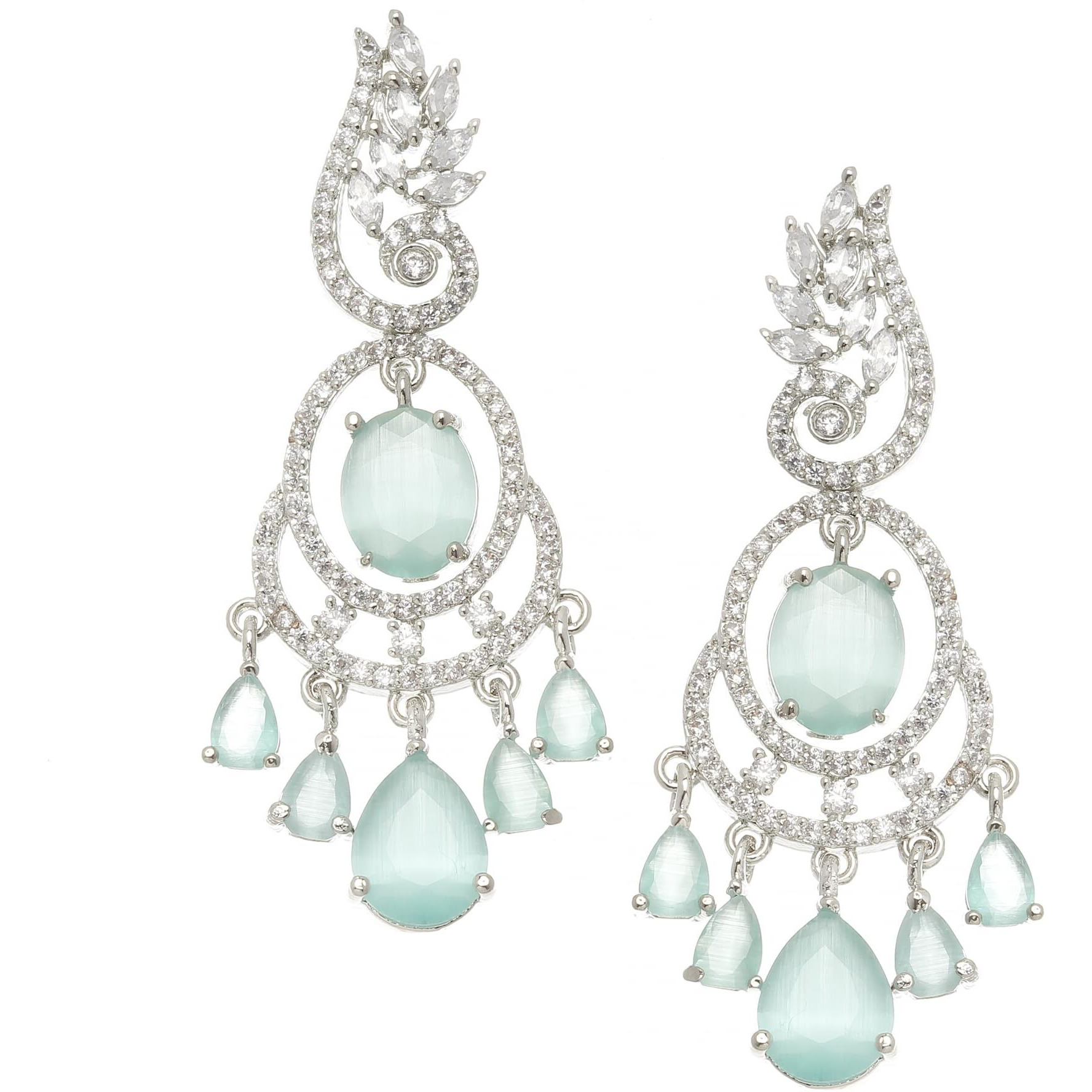 ZENEME Rhodium-Plated American Diamond Studded Oval & Leaf Shaped Drop Earrings For Girls and Women (Sea Green)