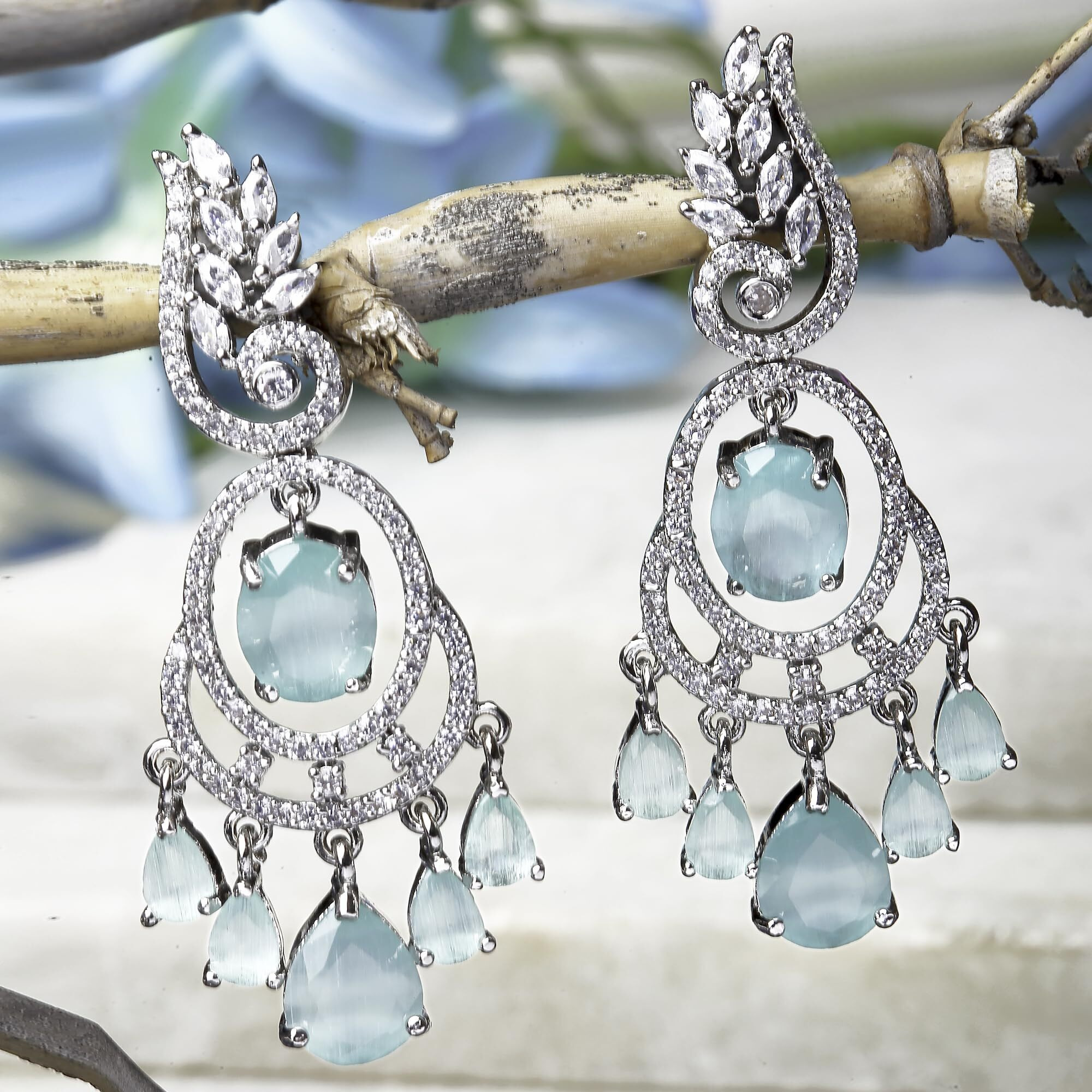 ZENEME Rhodium-Plated American Diamond Studded Oval & Leaf Shaped Drop Earrings For Girls and Women (Sea Green)