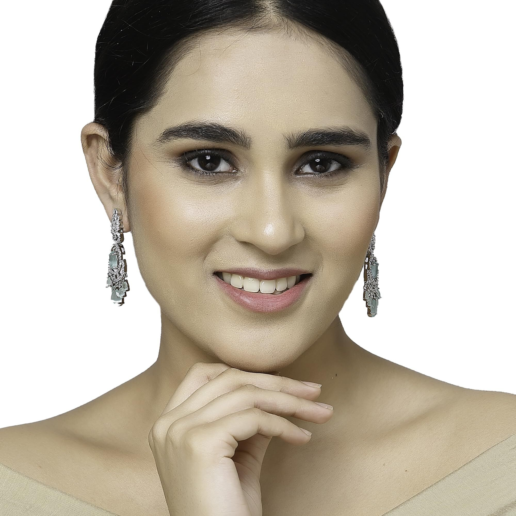 ZENEME Rhodium-Plated American Diamond Studded Oval & Leaf Shaped Drop Earrings For Girls and Women (Sea Green)
