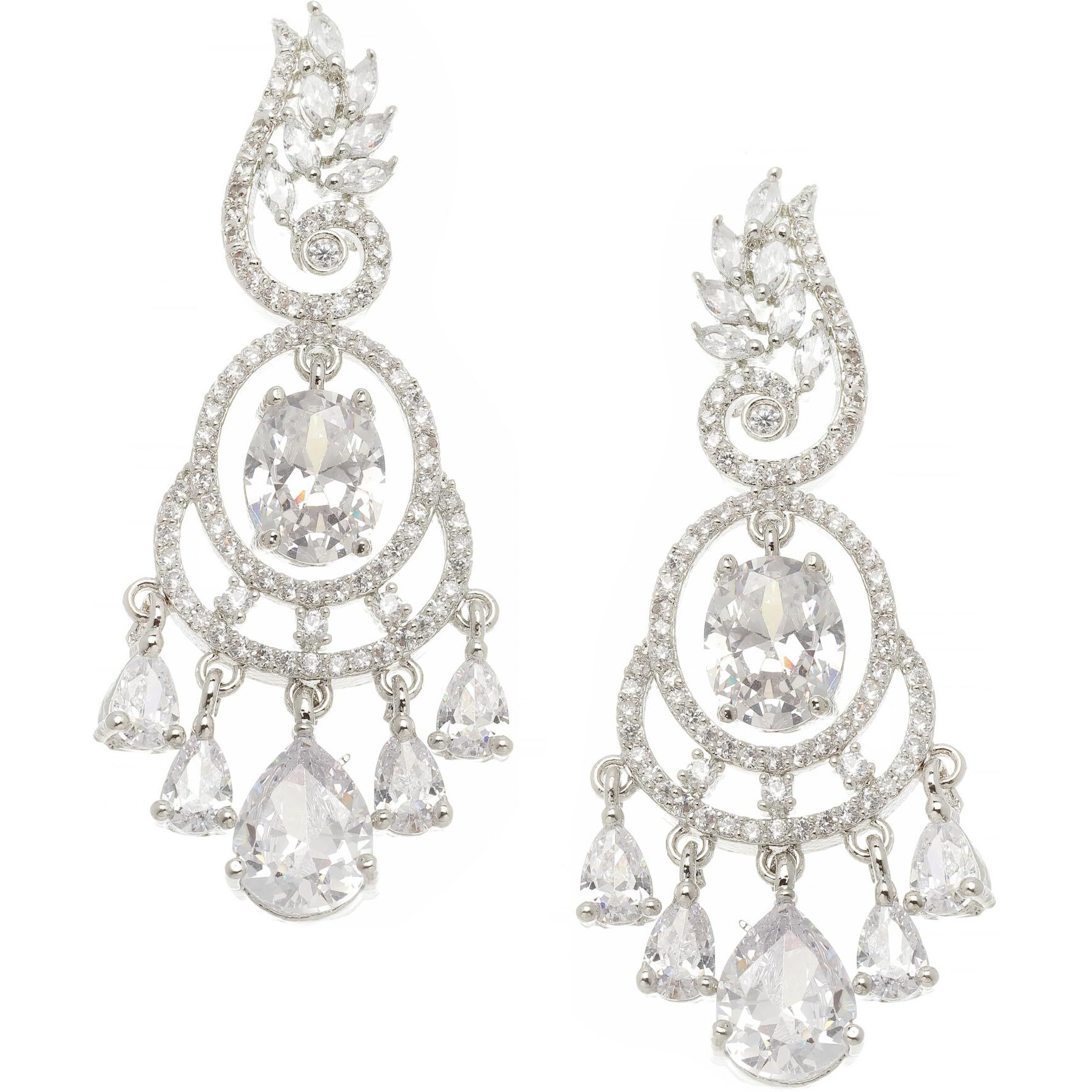 ZENEME Rhodium-Plated American Diamond Studded Oval & Leaf Shaped Drop Earrings For Girls and Women (White)