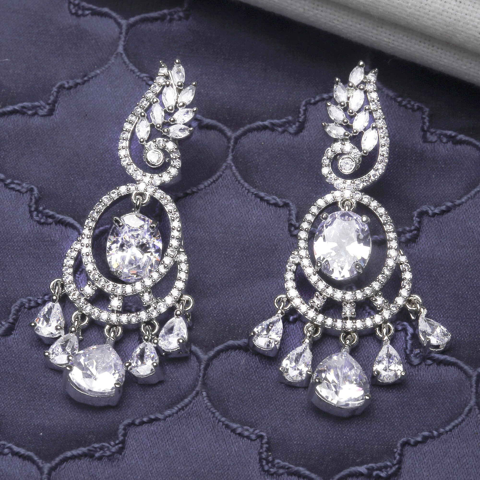 ZENEME Rhodium-Plated American Diamond Studded Oval & Leaf Shaped Drop Earrings For Girls and Women (White)