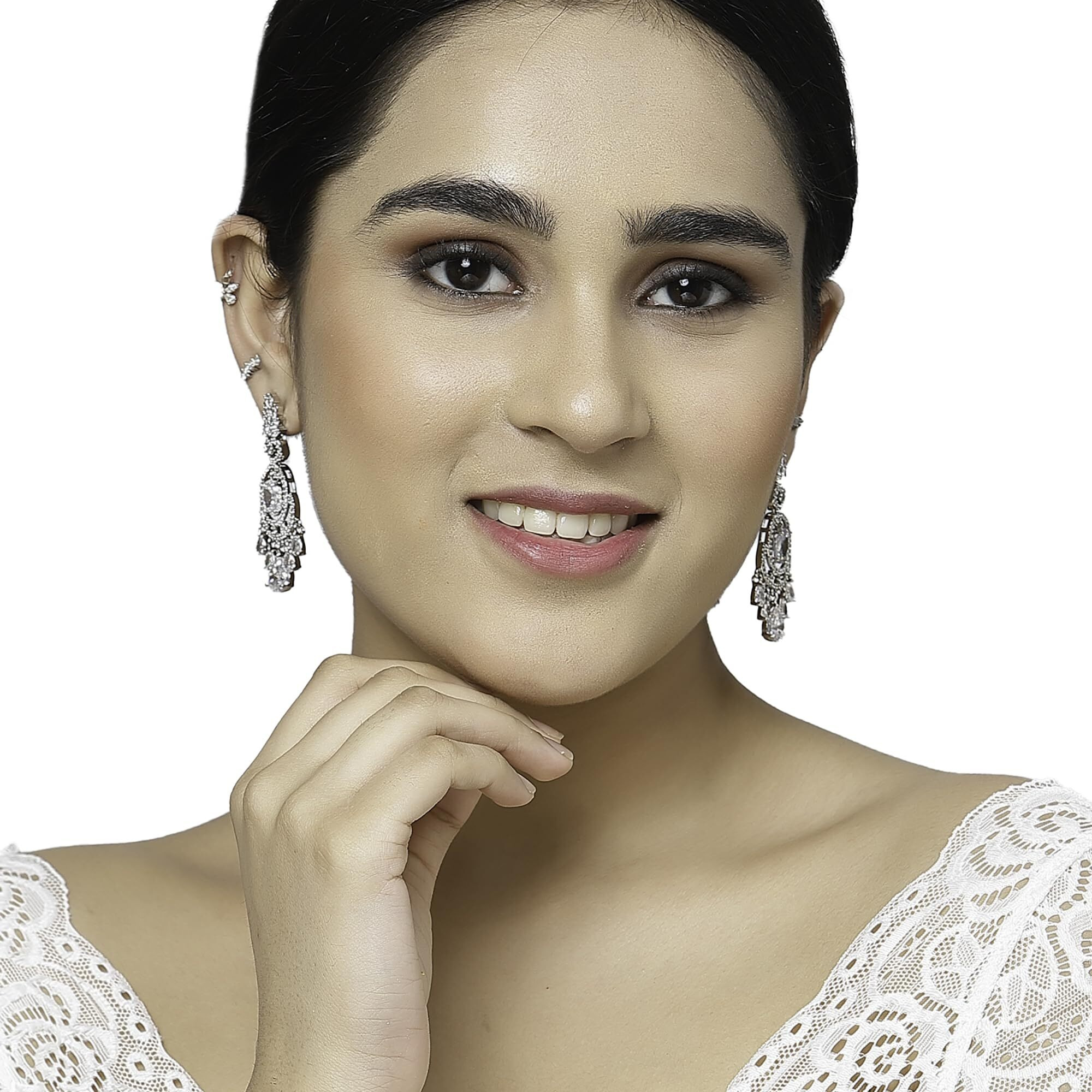 ZENEME Rhodium-Plated American Diamond Studded Oval & Leaf Shaped Drop Earrings For Girls and Women (White)