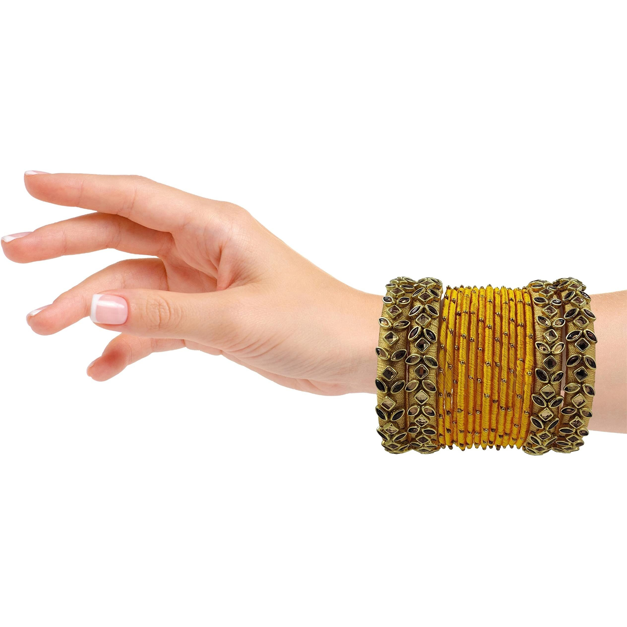 Yaalz Silk Thread Heavy Rich Kundan Stone Worked Beautiful Fancy Designer Festival Wear Wedding Chuda Bangle Sets For Women Girls In Yellow_&_Gold Color