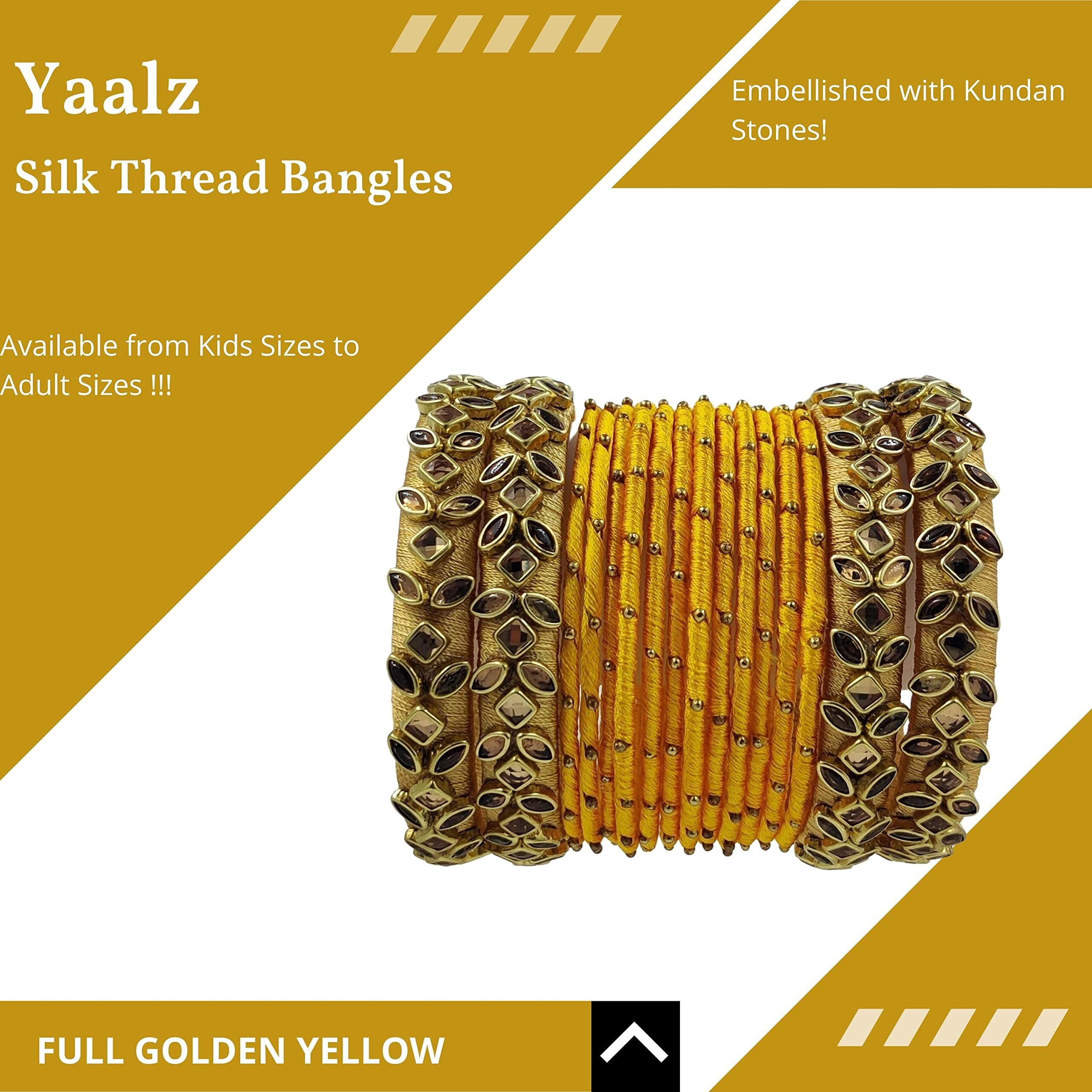 Yaalz Silk Thread Heavy Rich Kundan Stone Worked Beautiful Fancy Designer Festival Wear Wedding Chuda Bangle Sets For Women Girls In Yellow_&_Gold Color